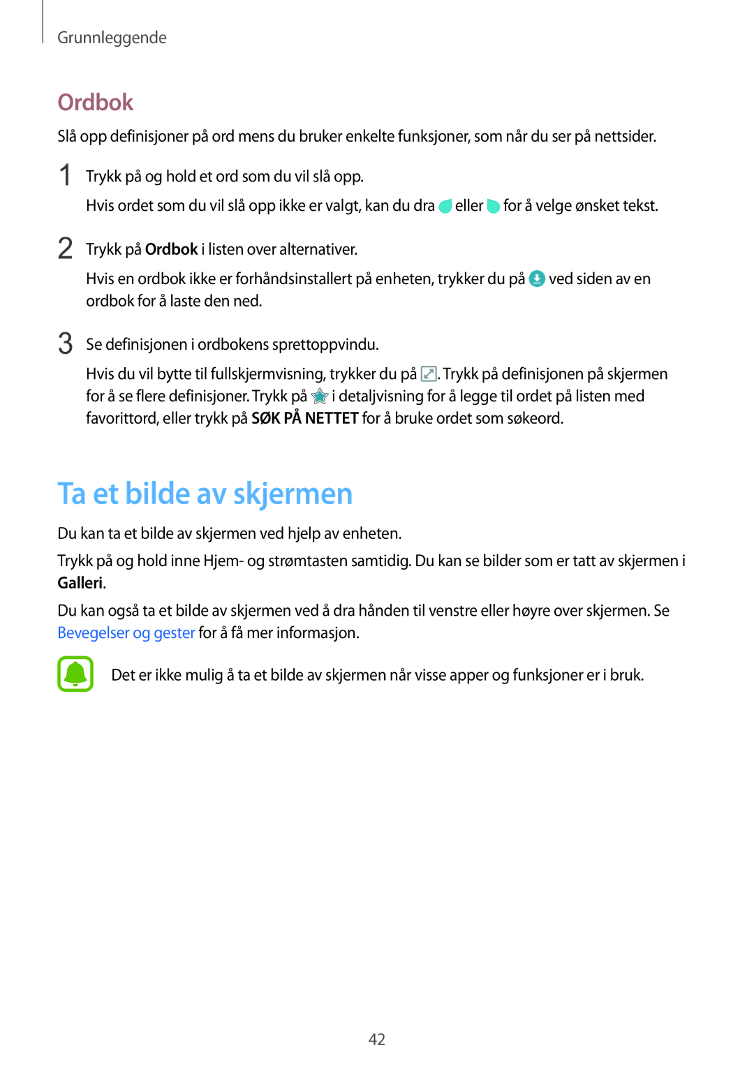 Samsung SM-G928FZSANEE, SM-G928FZDANEE, SM-G928FZKANEE manual Ta et bilde av skjermen, Ordbok 