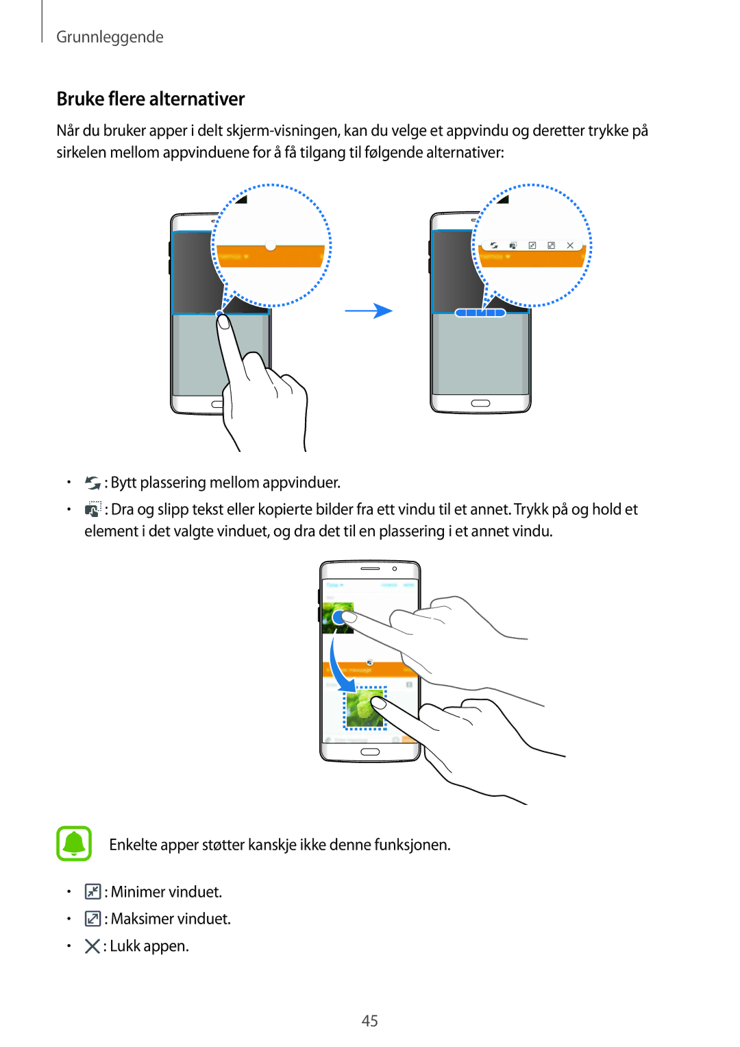 Samsung SM-G928FZSANEE, SM-G928FZDANEE, SM-G928FZKANEE manual Bruke flere alternativer, Bytt plassering mellom appvinduer 