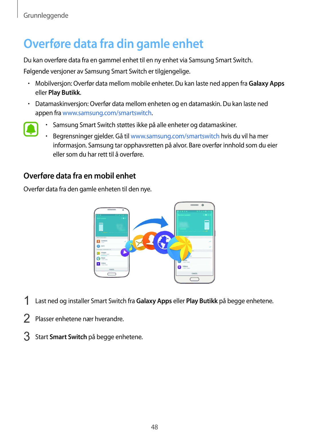 Samsung SM-G928FZSANEE, SM-G928FZDANEE, SM-G928FZKANEE Overføre data fra din gamle enhet, Overføre data fra en mobil enhet 