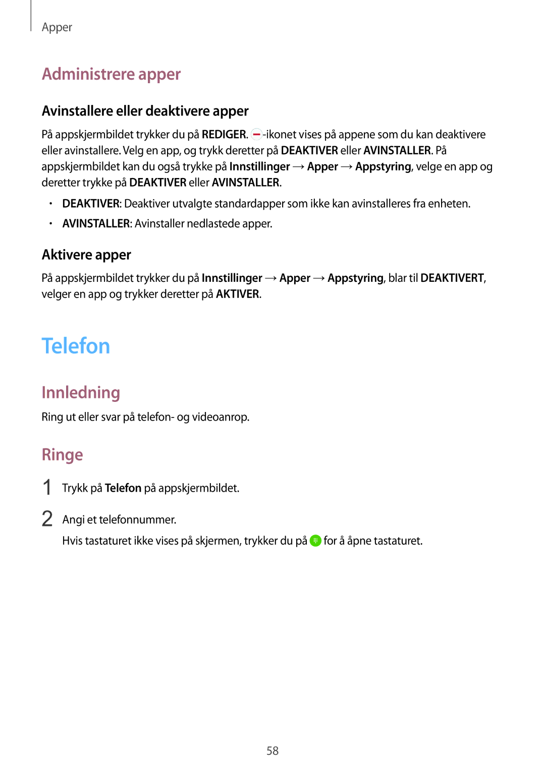 Samsung SM-G928FZDANEE manual Telefon, Administrere apper, Ringe, Avinstallere eller deaktivere apper, Aktivere apper 