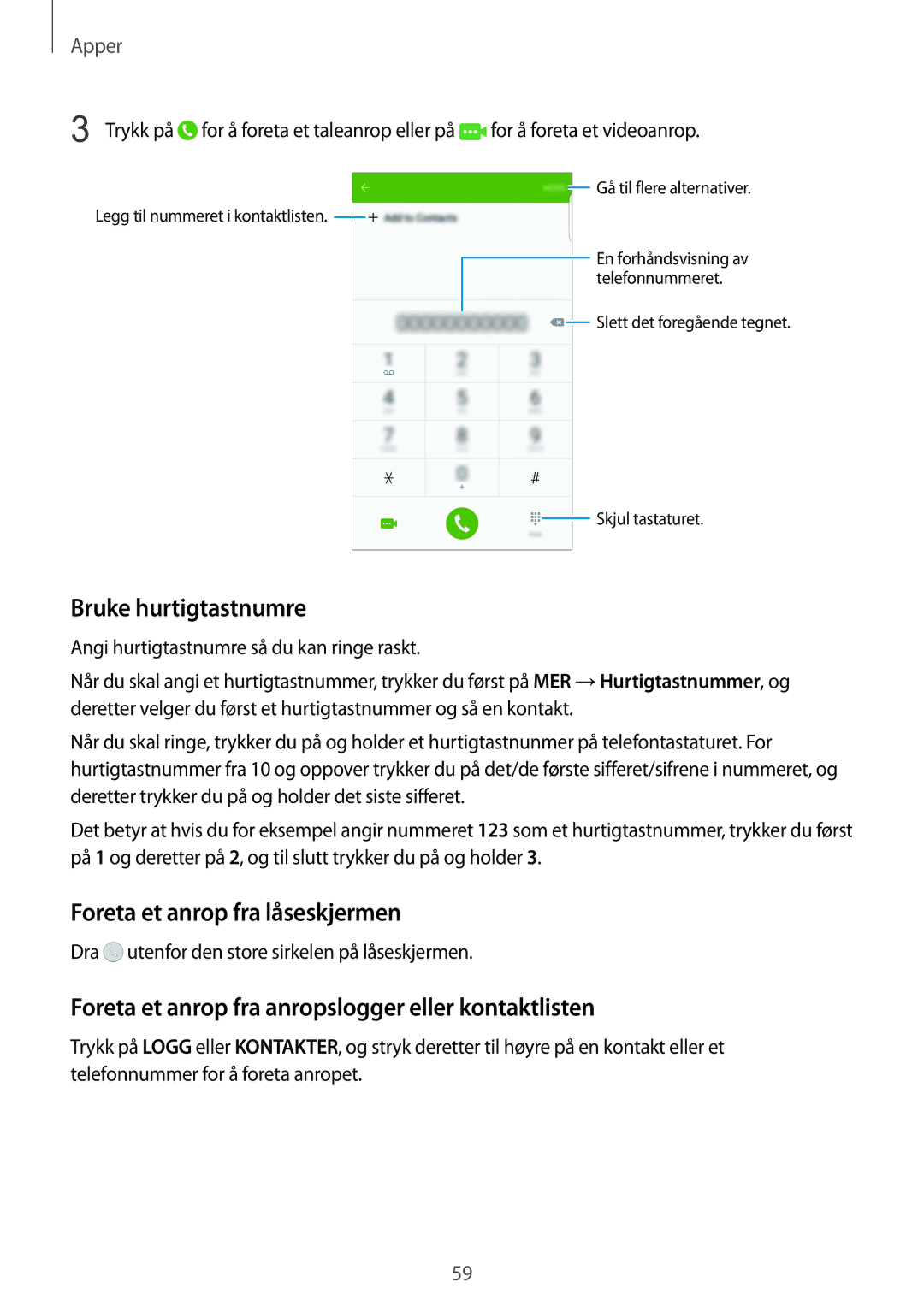 Samsung SM-G928FZKANEE, SM-G928FZSANEE, SM-G928FZDANEE manual Bruke hurtigtastnumre, Foreta et anrop fra låseskjermen 