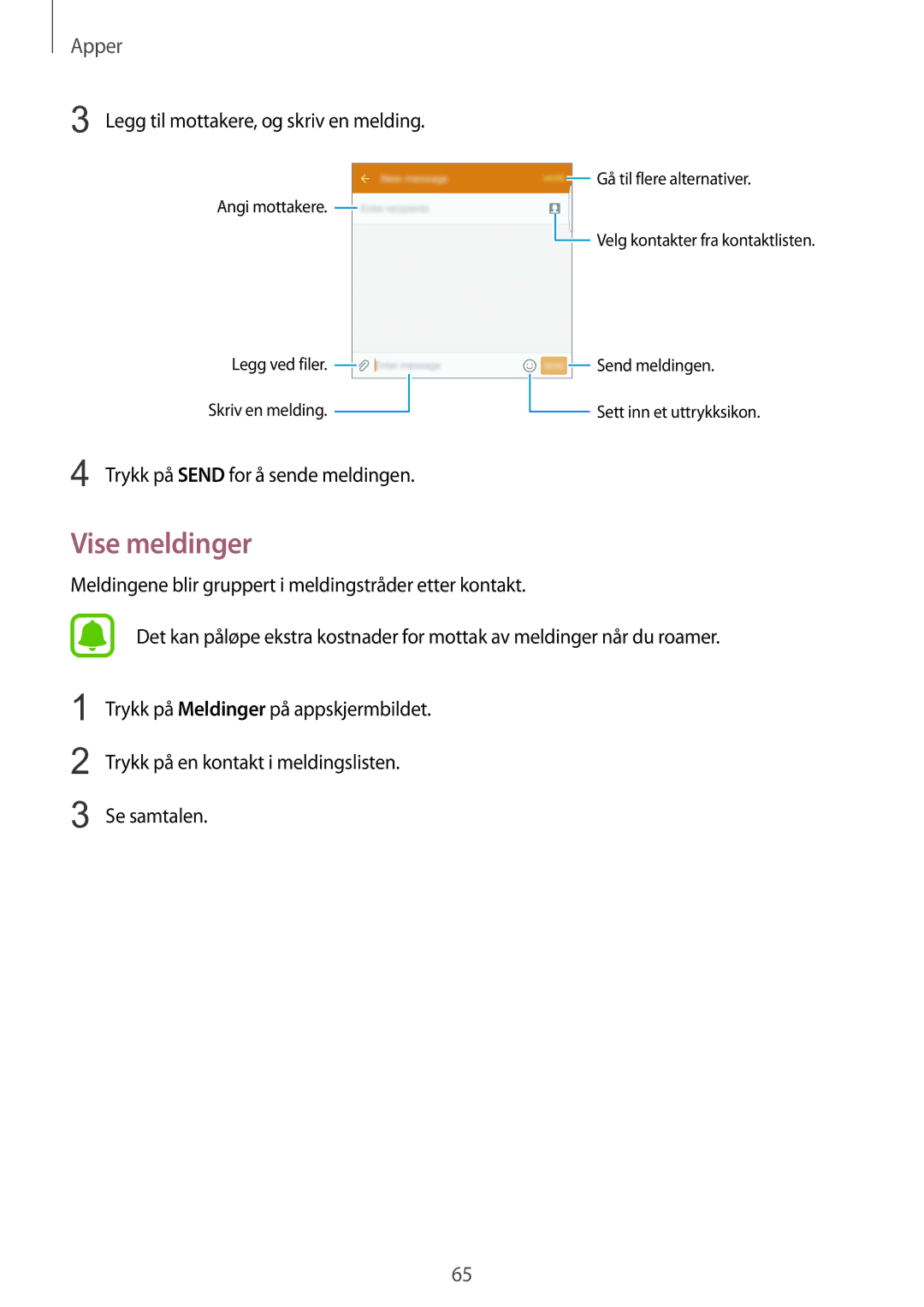 Samsung SM-G928FZKANEE, SM-G928FZSANEE, SM-G928FZDANEE manual Vise meldinger, Legg til mottakere, og skriv en melding 