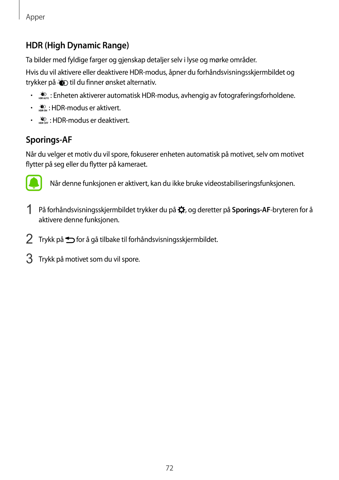 Samsung SM-G928FZSANEE, SM-G928FZDANEE, SM-G928FZKANEE manual HDR High Dynamic Range, Sporings-AF 