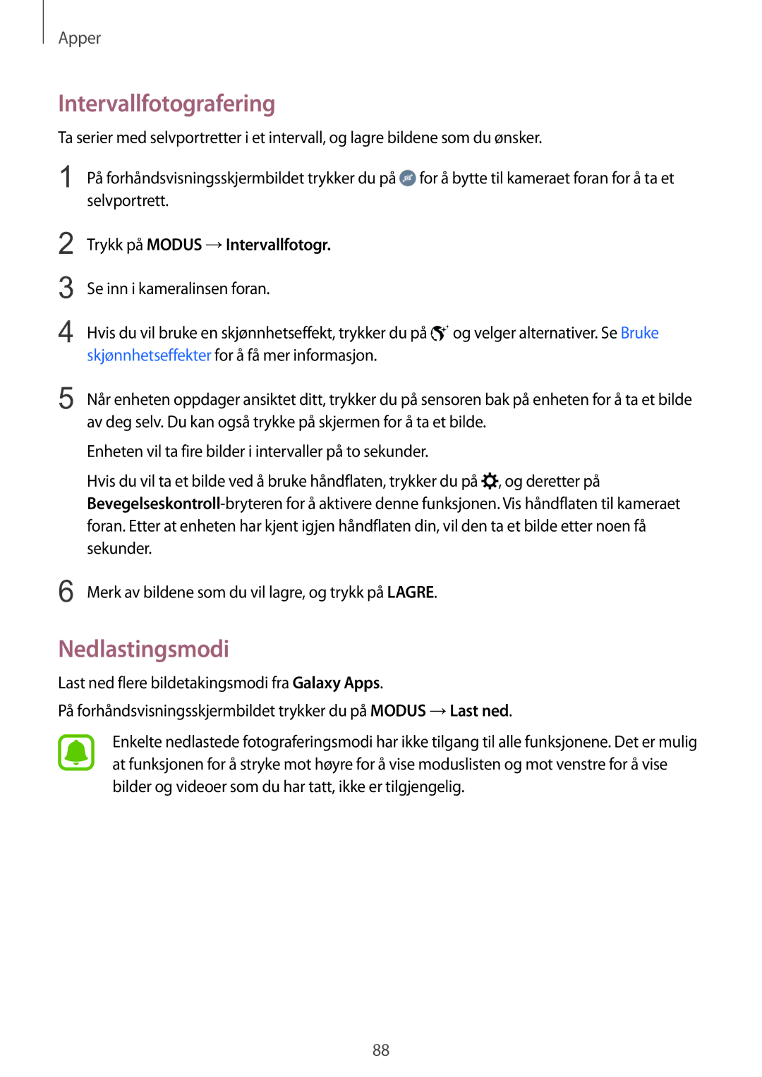 Samsung SM-G928FZDANEE, SM-G928FZSANEE manual Intervallfotografering, Nedlastingsmodi, Trykk på Modus →Intervallfotogr 