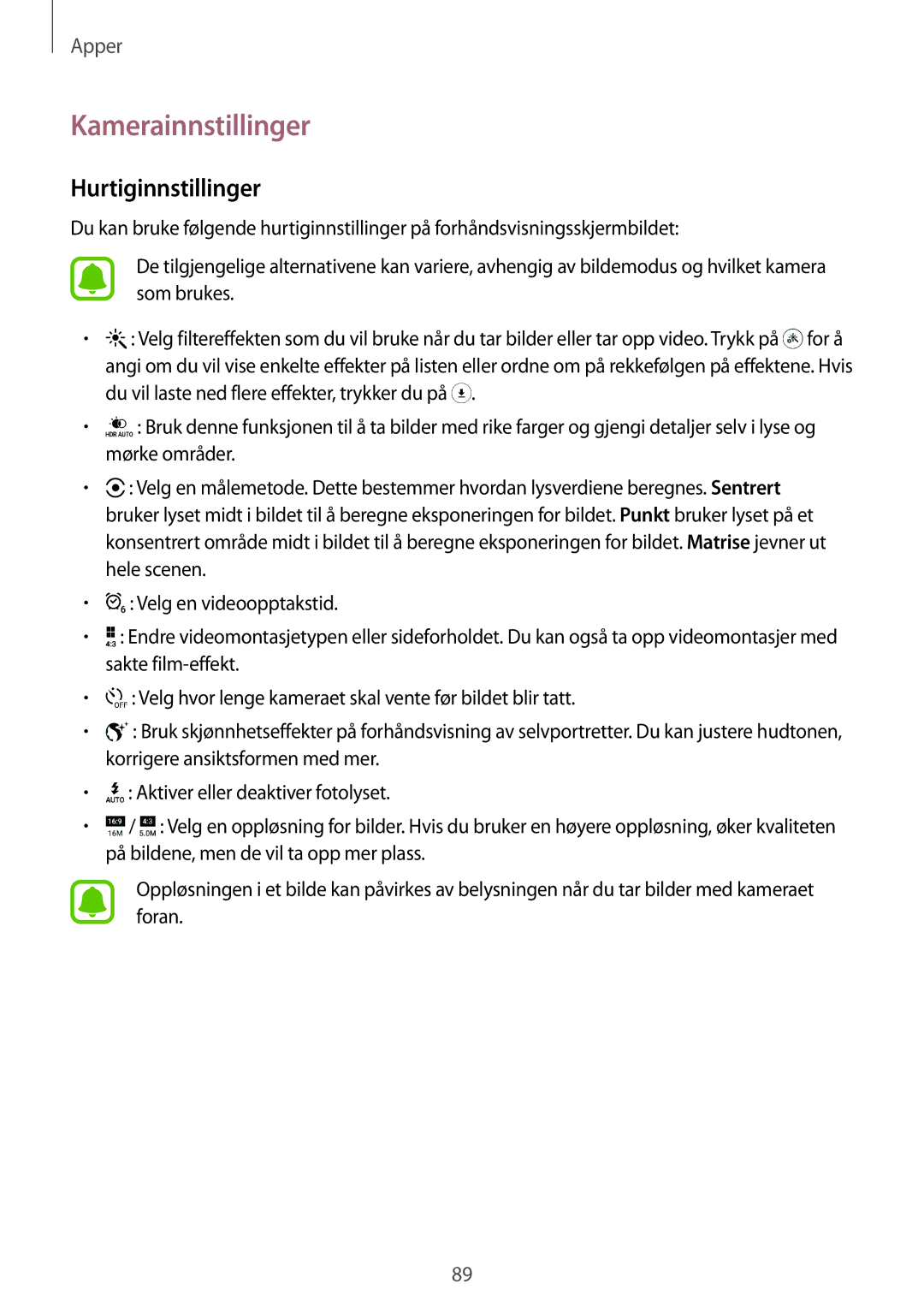 Samsung SM-G928FZKANEE, SM-G928FZSANEE, SM-G928FZDANEE manual Kamerainnstillinger, Hurtiginnstillinger 