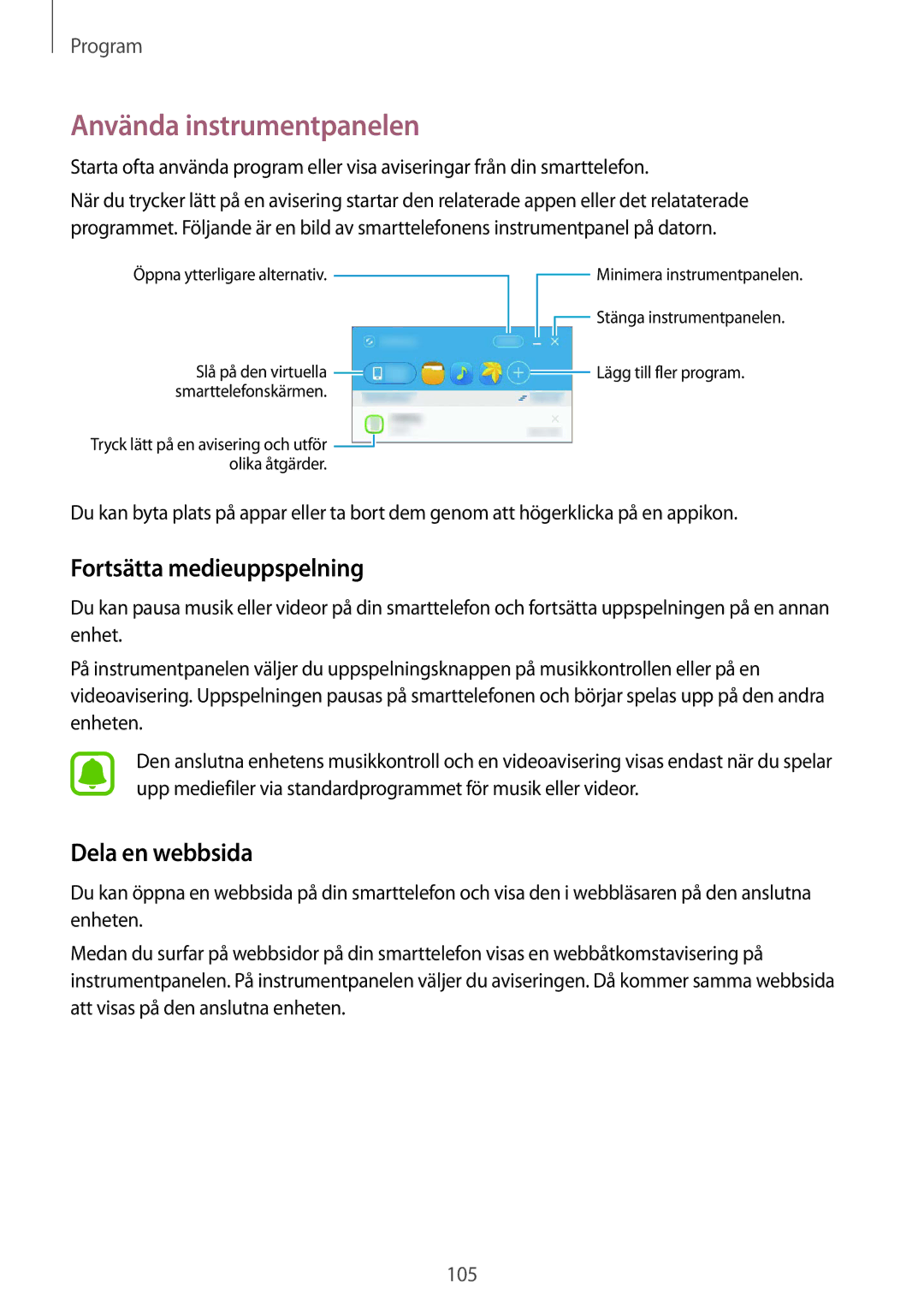 Samsung SM-G928FZSANEE, SM-G928FZDANEE manual Använda instrumentpanelen, Fortsätta medieuppspelning, Dela en webbsida 