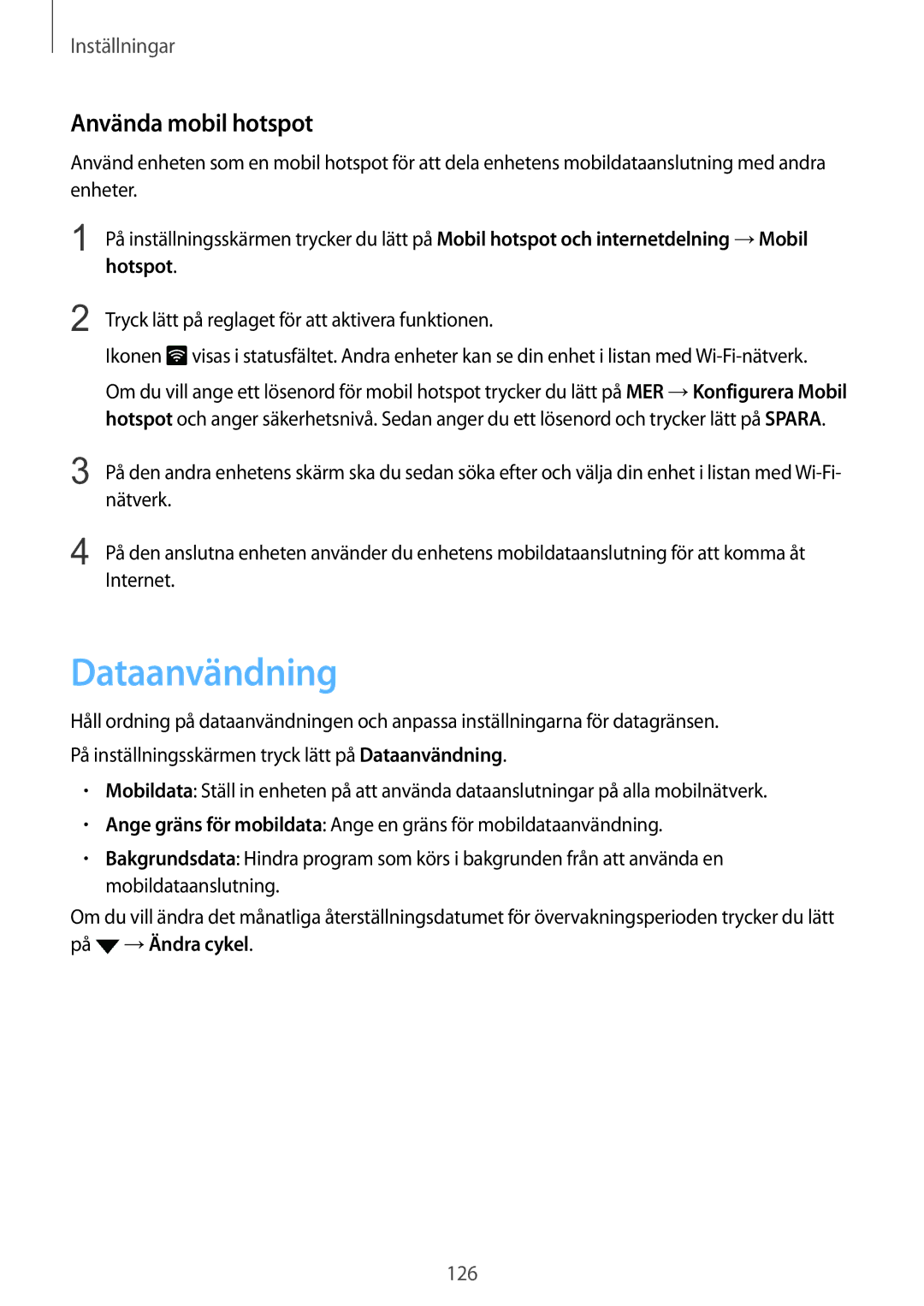 Samsung SM-G928FZSANEE, SM-G928FZDANEE, SM-G928FZKANEE manual Dataanvändning, Använda mobil hotspot 