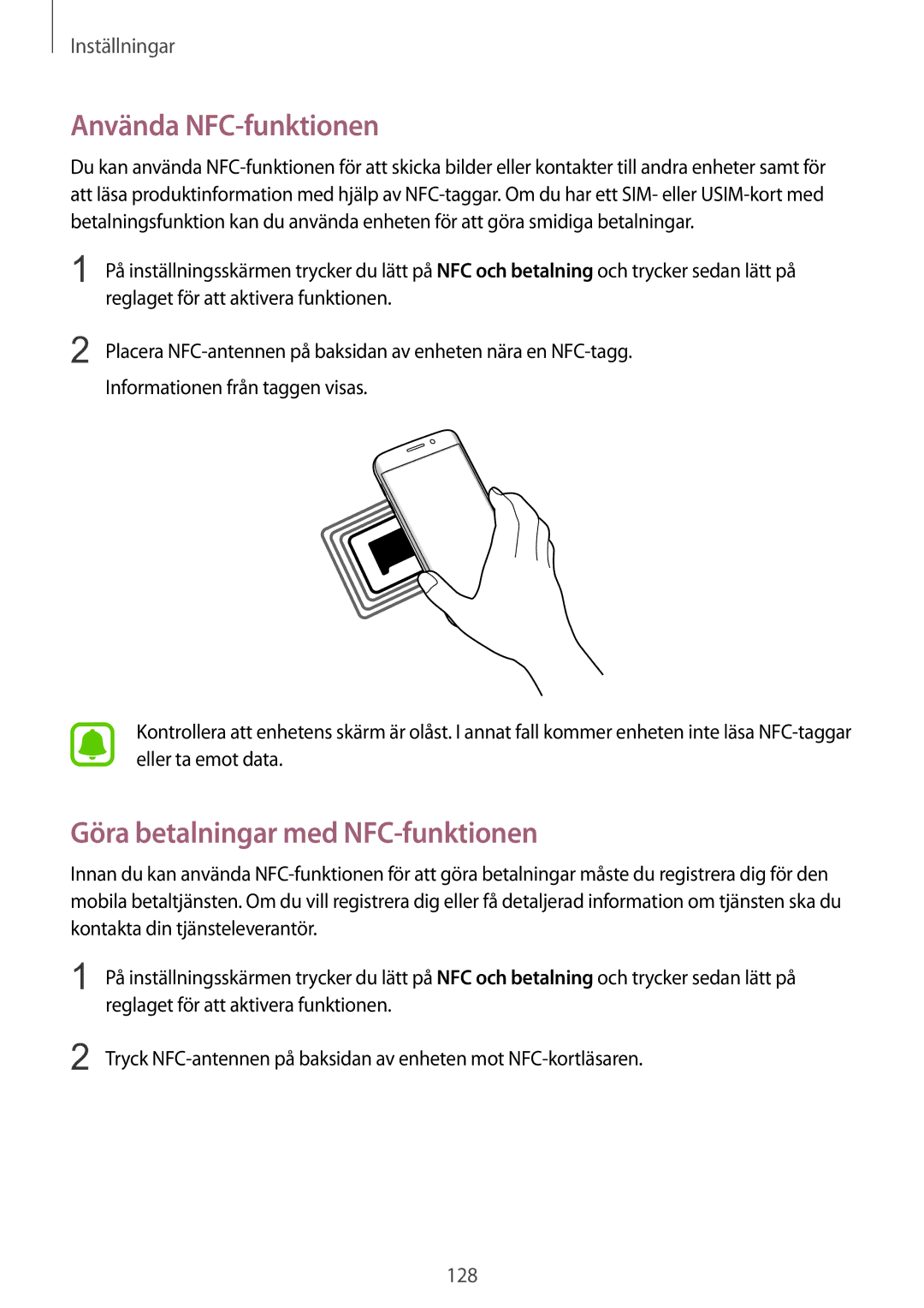 Samsung SM-G928FZKANEE, SM-G928FZSANEE, SM-G928FZDANEE manual Använda NFC-funktionen, Göra betalningar med NFC-funktionen 