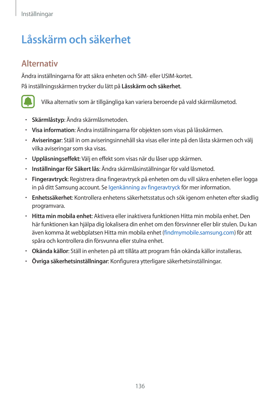 Samsung SM-G928FZDANEE, SM-G928FZSANEE, SM-G928FZKANEE manual Låsskärm och säkerhet, Alternativ 