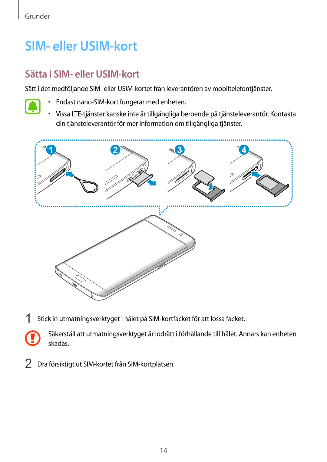 Samsung SM-G928FZKANEE, SM-G928FZSANEE, SM-G928FZDANEE manual Sätta i SIM- eller USIM-kort 