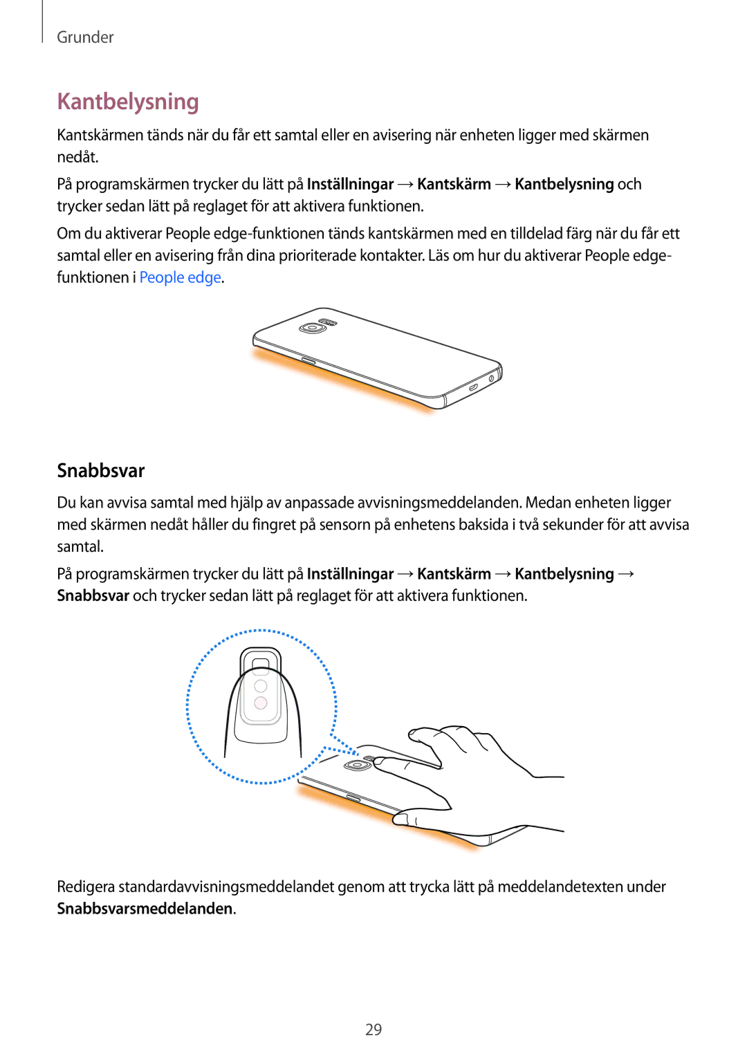 Samsung SM-G928FZKANEE, SM-G928FZSANEE, SM-G928FZDANEE manual Kantbelysning, Snabbsvar 