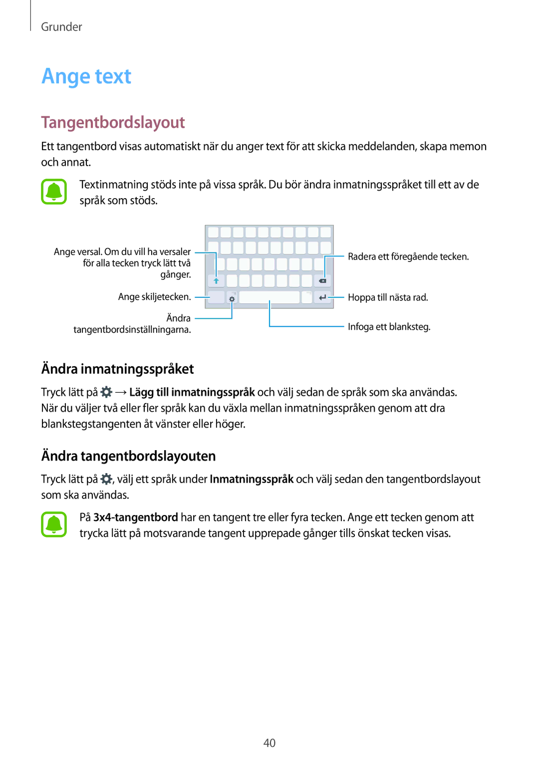 Samsung SM-G928FZDANEE, SM-G928FZSANEE Ange text, Tangentbordslayout, Ändra inmatningsspråket, Ändra tangentbordslayouten 