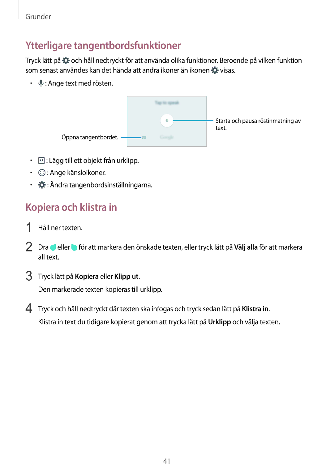 Samsung SM-G928FZKANEE, SM-G928FZSANEE manual Ytterligare tangentbordsfunktioner, Kopiera och klistra, Ange text med rösten 