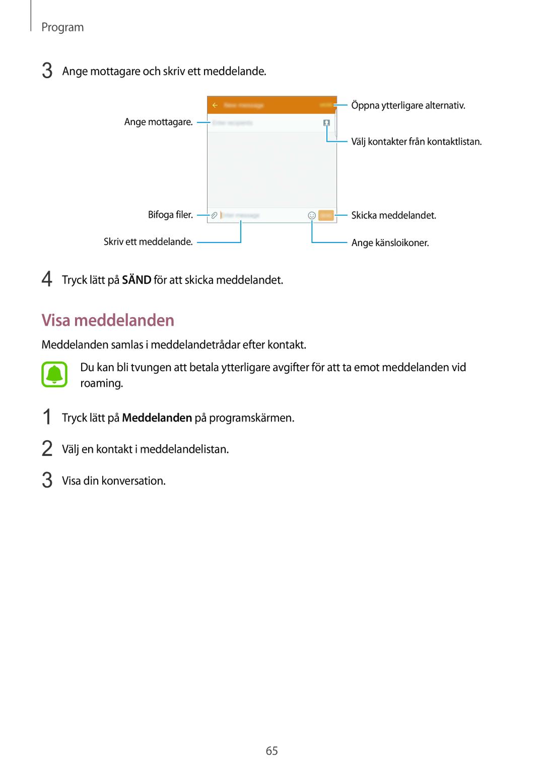 Samsung SM-G928FZKANEE, SM-G928FZSANEE, SM-G928FZDANEE manual Visa meddelanden, Ange mottagare och skriv ett meddelande 