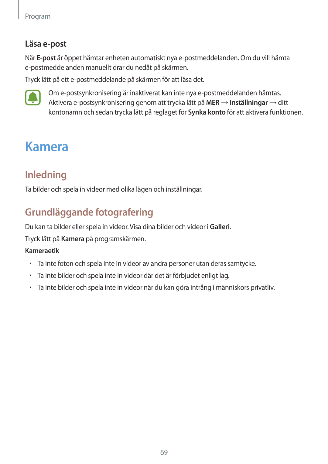 Samsung SM-G928FZSANEE, SM-G928FZDANEE, SM-G928FZKANEE manual Grundläggande fotografering, Läsa e-post, Kameraetik 