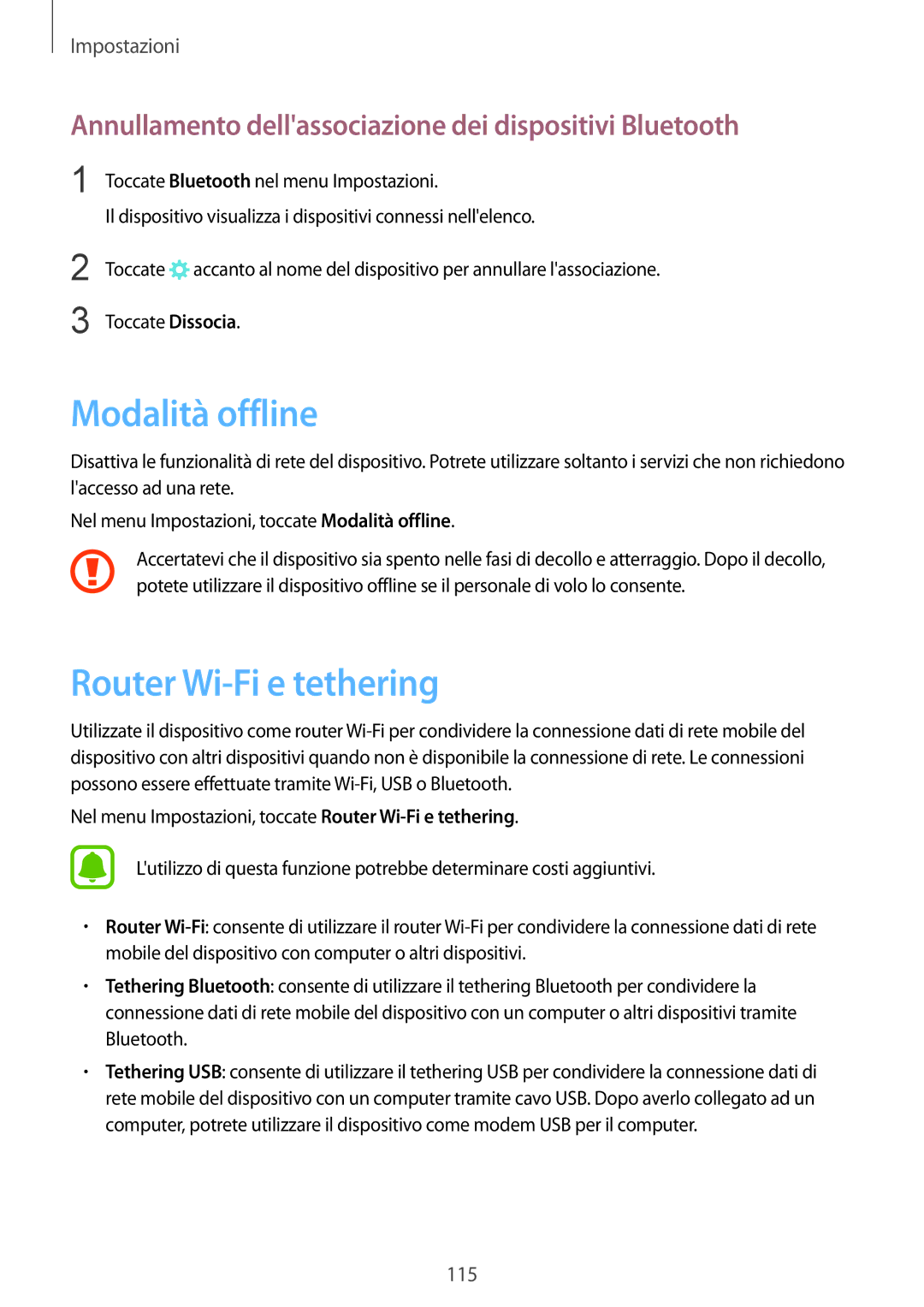 Samsung SM-G930FEDAITV Modalità offline, Router Wi-Fi e tethering, Annullamento dellassociazione dei dispositivi Bluetooth 