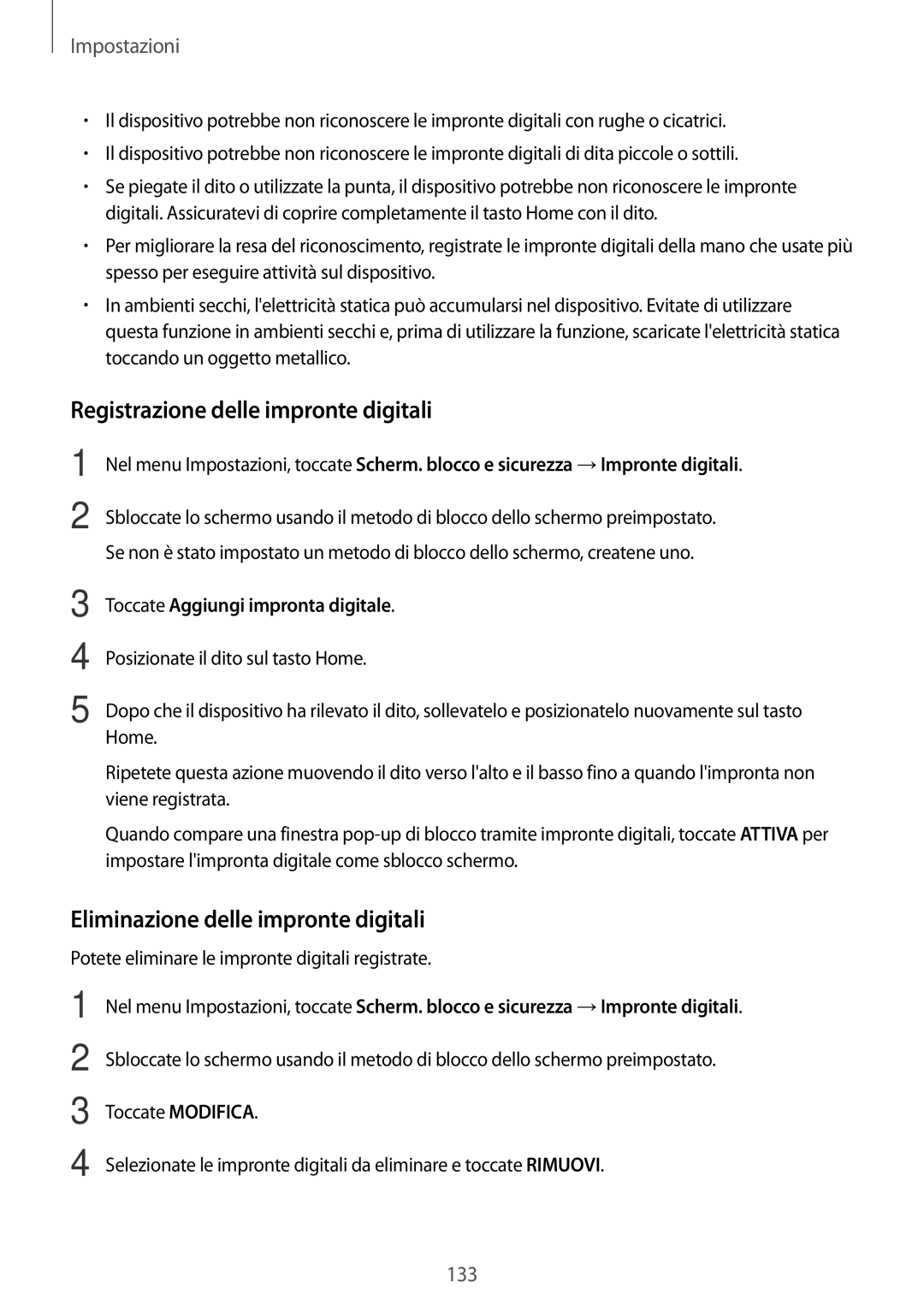 Samsung SM-G930FZDAITV, SM-G930FEDAITV manual Registrazione delle impronte digitali, Eliminazione delle impronte digitali 