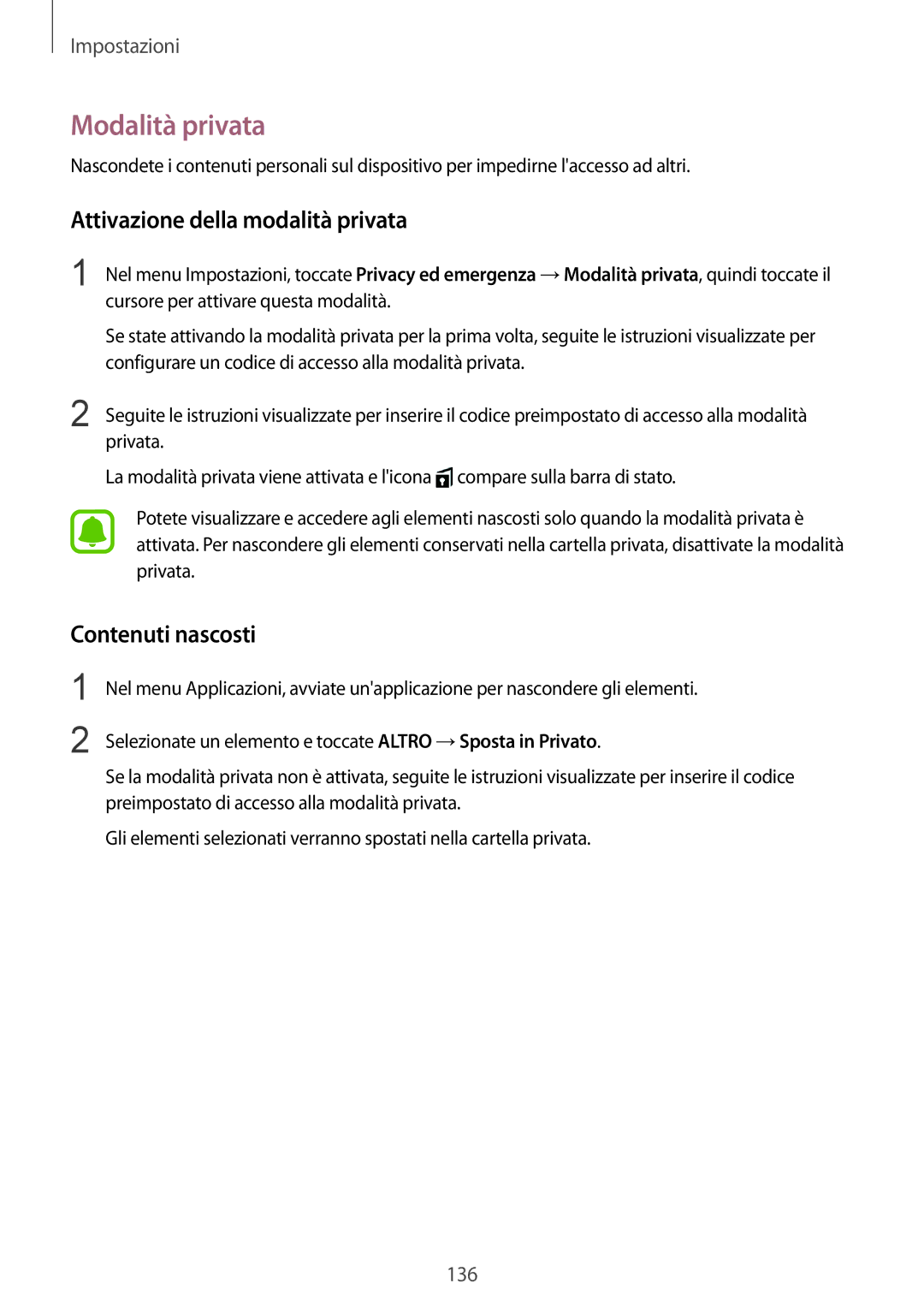 Samsung SM-G930FZWAITV, SM-G930FEDAITV manual Modalità privata, Attivazione della modalità privata, Contenuti nascosti 