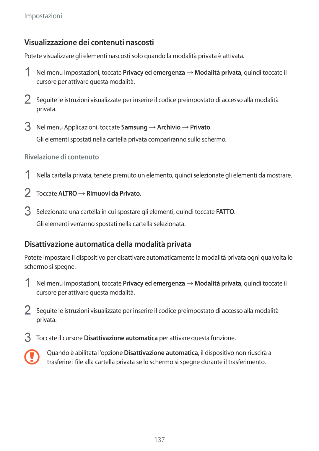 Samsung SM-G930FZSAITV manual Visualizzazione dei contenuti nascosti, Disattivazione automatica della modalità privata 