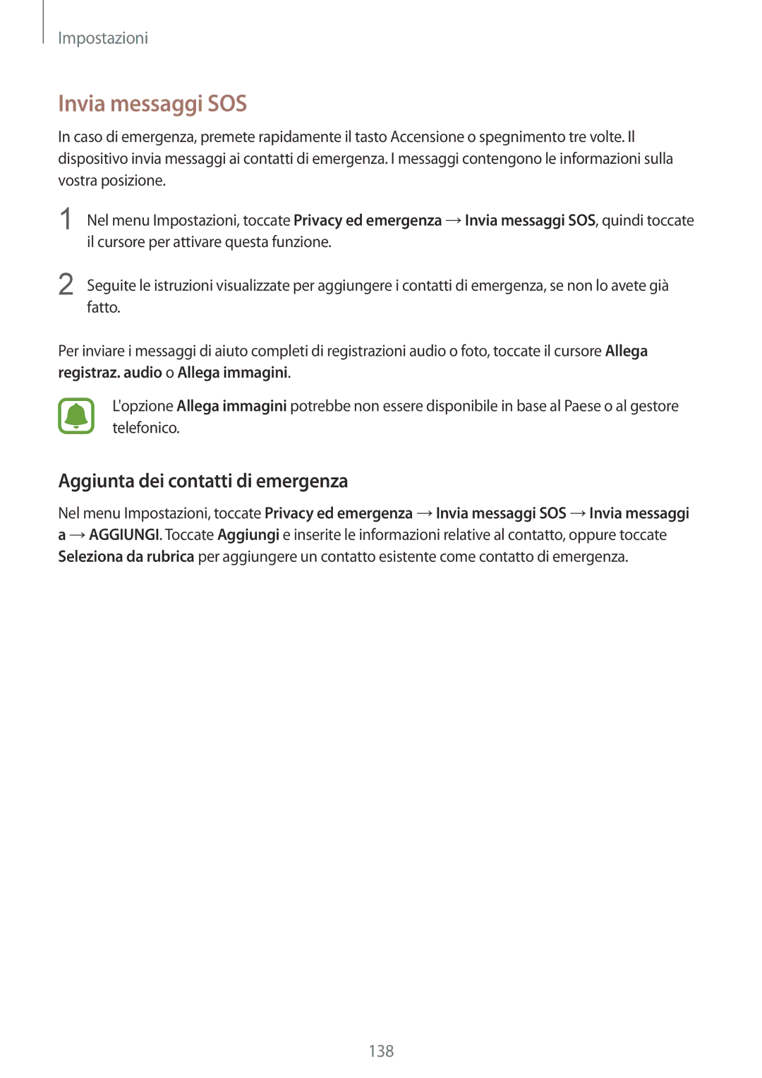 Samsung SM-G930FZDAITV, SM-G930FEDAITV, SM-G930FZWAITV manual Invia messaggi SOS, Aggiunta dei contatti di emergenza 