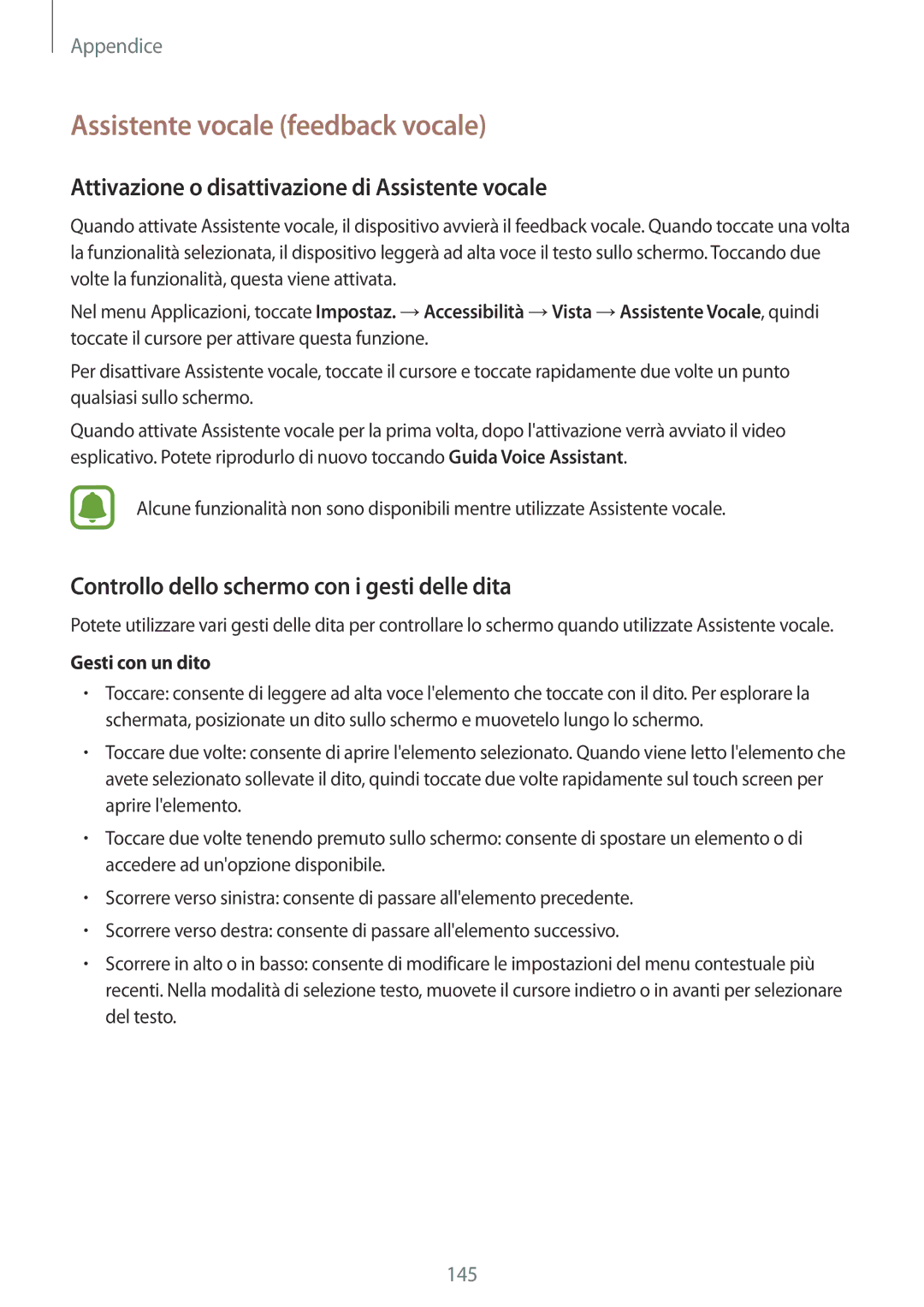 Samsung SM-G930FEDAITV manual Assistente vocale feedback vocale, Attivazione o disattivazione di Assistente vocale 