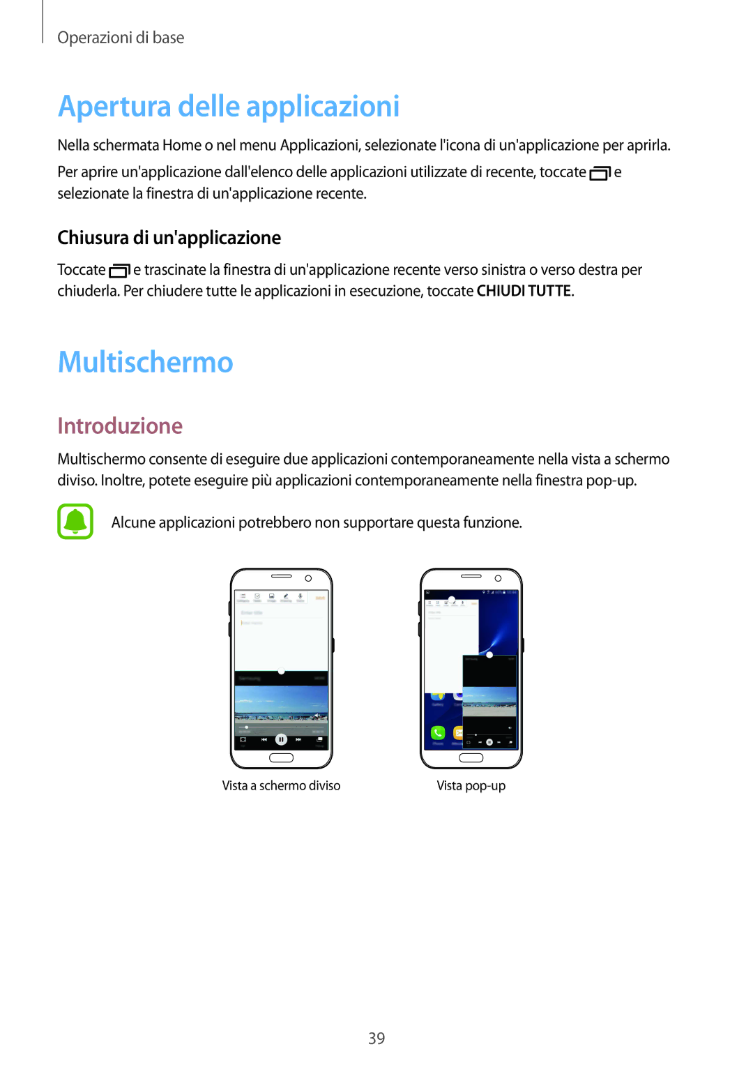 Samsung SM-G930FZKAITV, SM-G930FEDAITV Apertura delle applicazioni, Multischermo, Introduzione, Chiusura di unapplicazione 