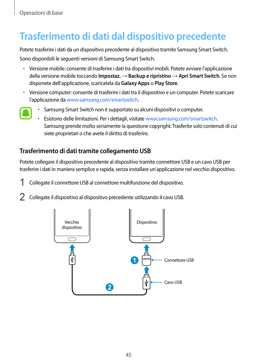 Samsung SM-G930FEDAITV Trasferimento di dati dal dispositivo precedente, Trasferimento di dati tramite collegamento USB 