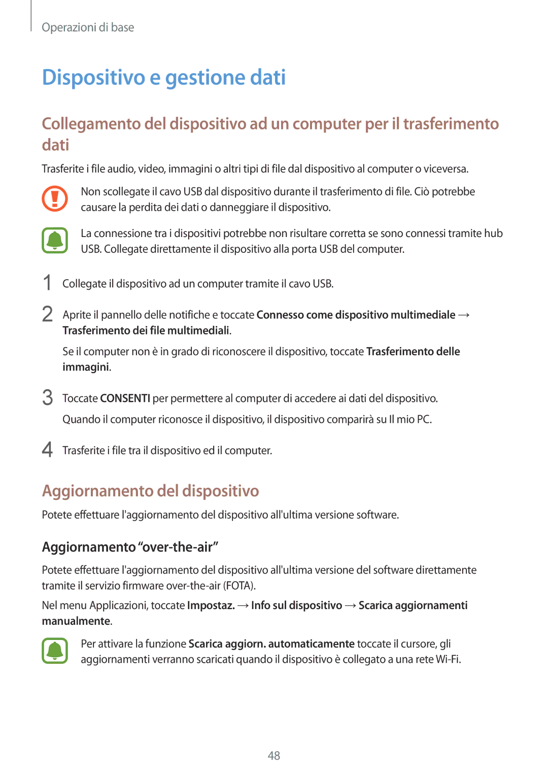 Samsung SM-G930FZDAITV manual Dispositivo e gestione dati, Aggiornamento del dispositivo, Aggiornamento over-the-air 