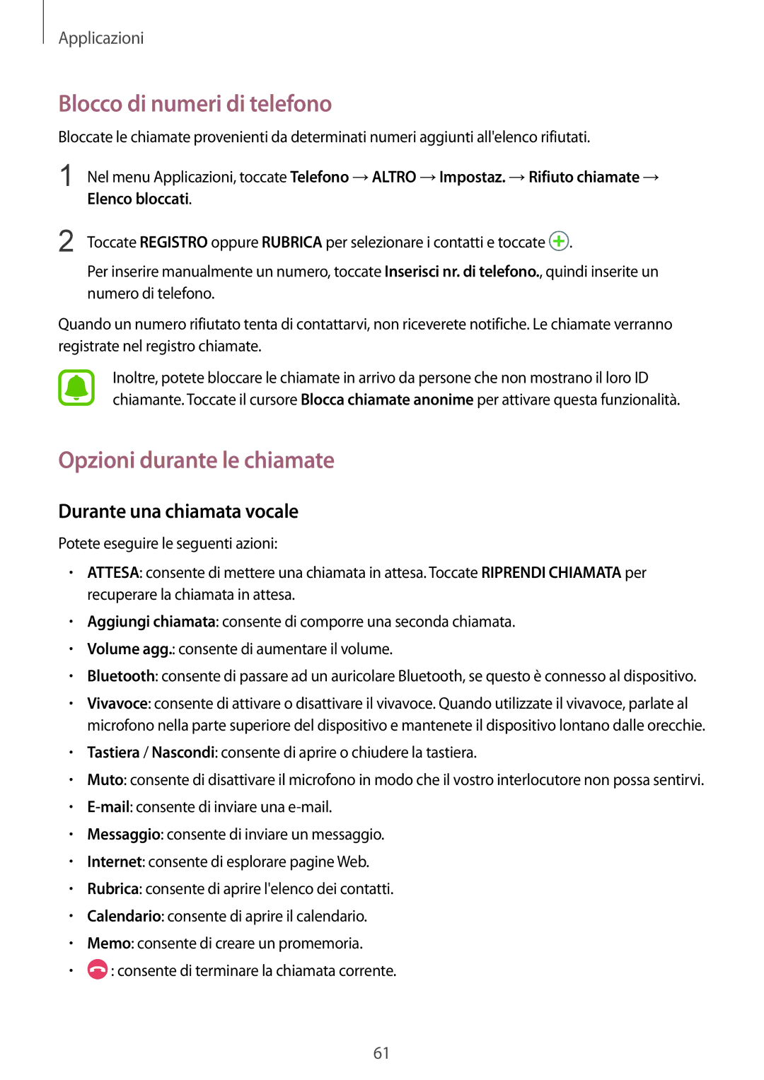 Samsung SM-G930FZWAITV manual Blocco di numeri di telefono, Opzioni durante le chiamate, Durante una chiamata vocale 