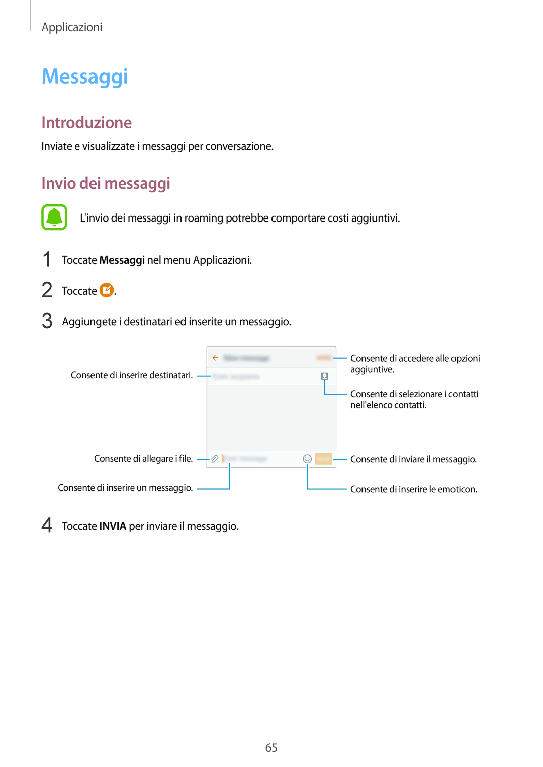 Samsung SM-G930FEDAITV, SM-G930FZWAITV, SM-G930FZSAITV, SM-G930FZDAITV, SM-G930FZKAITV manual Messaggi, Invio dei messaggi 