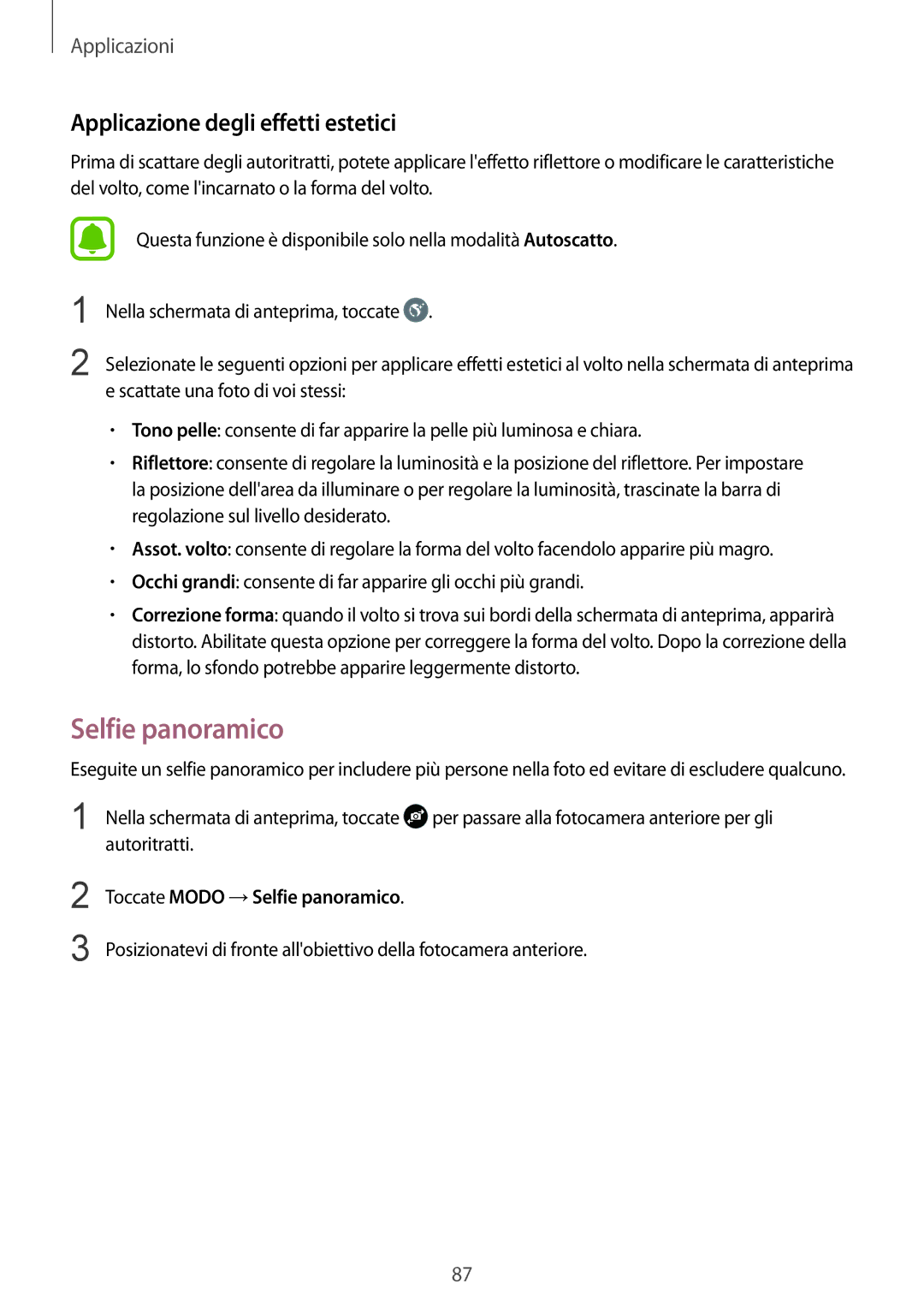 Samsung SM-G930FZSAITV, SM-G930FEDAITV manual Applicazione degli effetti estetici, Toccate Modo →Selfie panoramico 