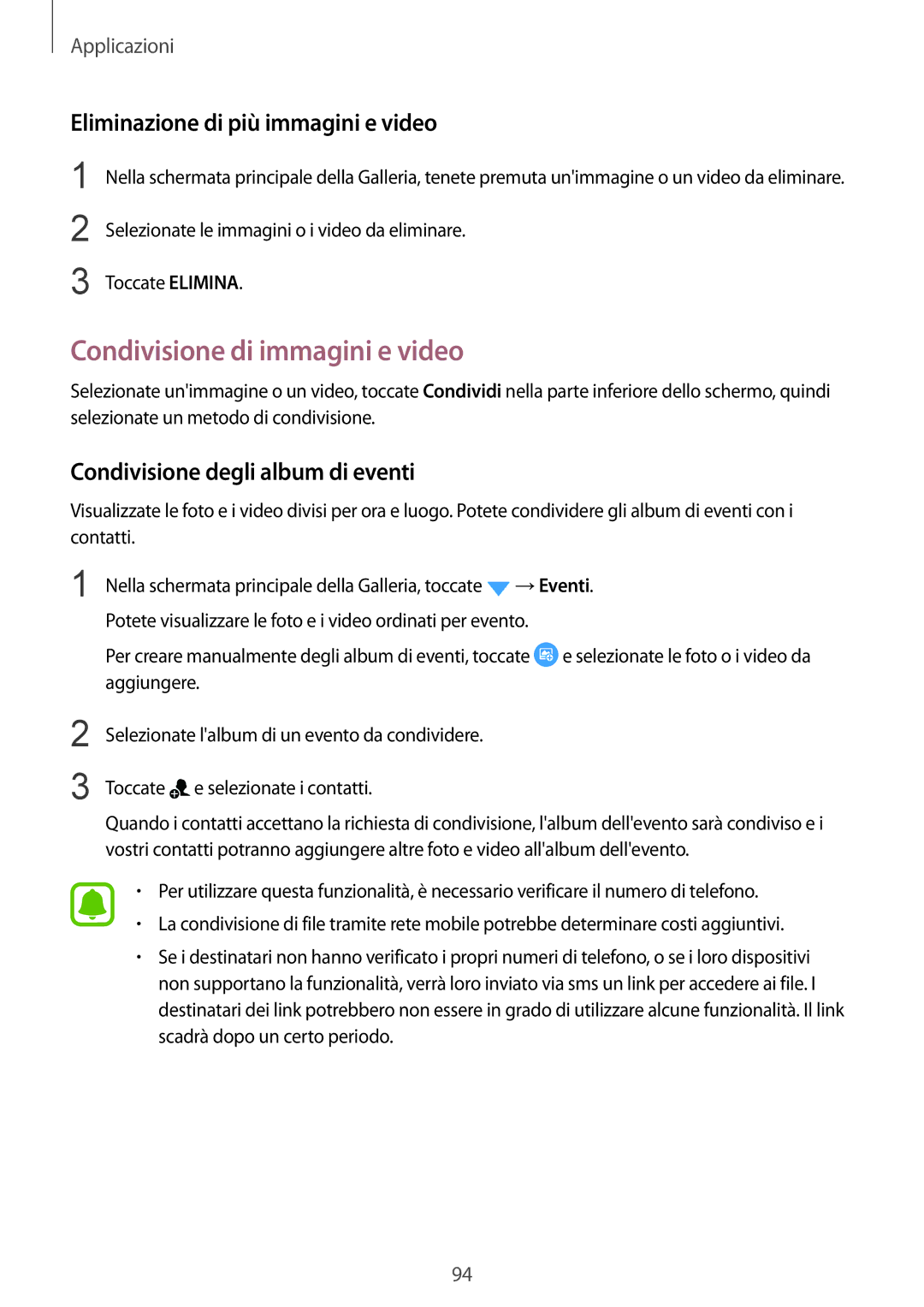 Samsung SM-G930FZKAITV, SM-G930FEDAITV manual Condivisione di immagini e video, Eliminazione di più immagini e video 