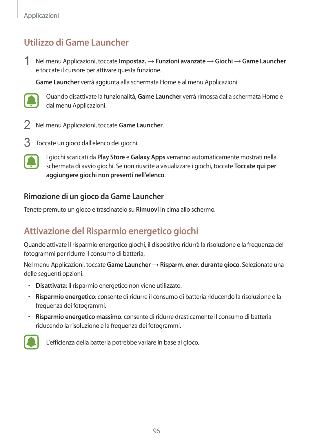 Samsung SM-G930FZWAITV, SM-G930FEDAITV manual Utilizzo di Game Launcher, Attivazione del Risparmio energetico giochi 