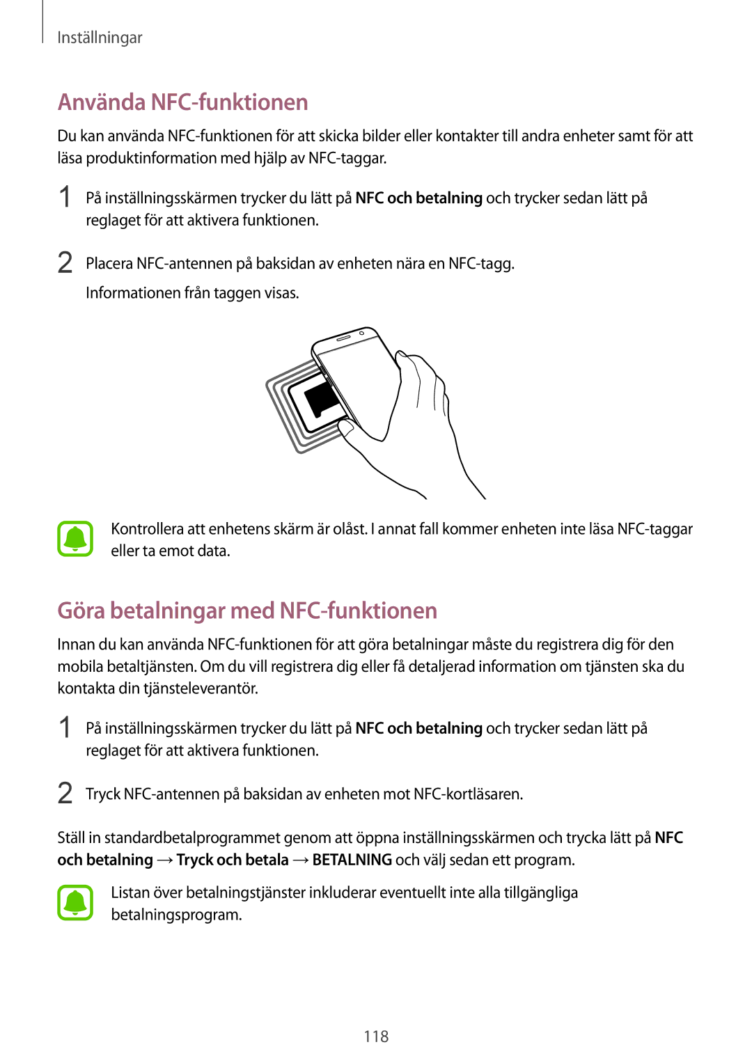 Samsung SM-G930FZKANEE, SM-G930FEDANEE, SM-G930FZWANEE manual Använda NFC-funktionen, Göra betalningar med NFC-funktionen 