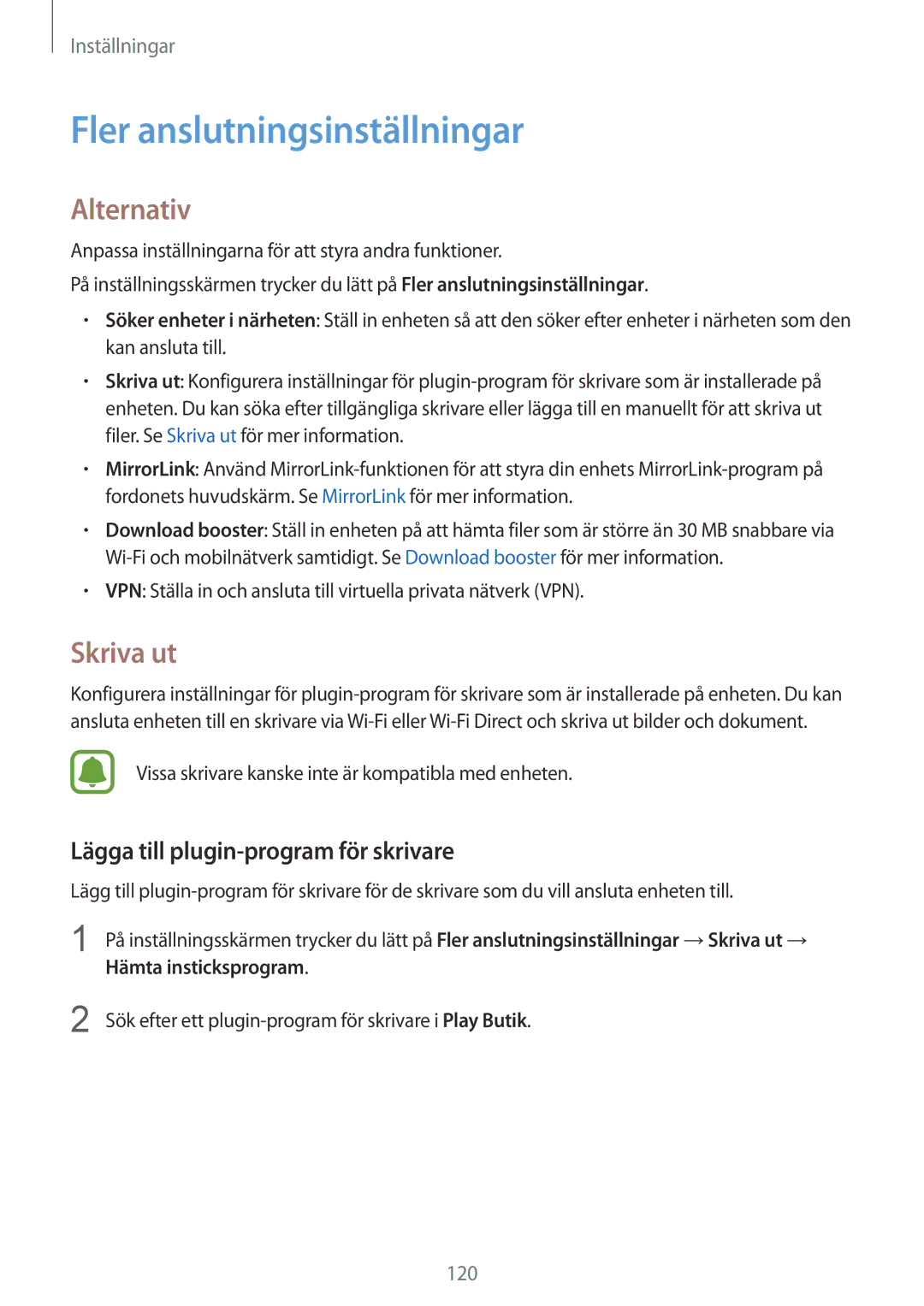 Samsung SM-G930FEDANEE manual Fler anslutningsinställningar, Alternativ, Skriva ut, Lägga till plugin-program för skrivare 