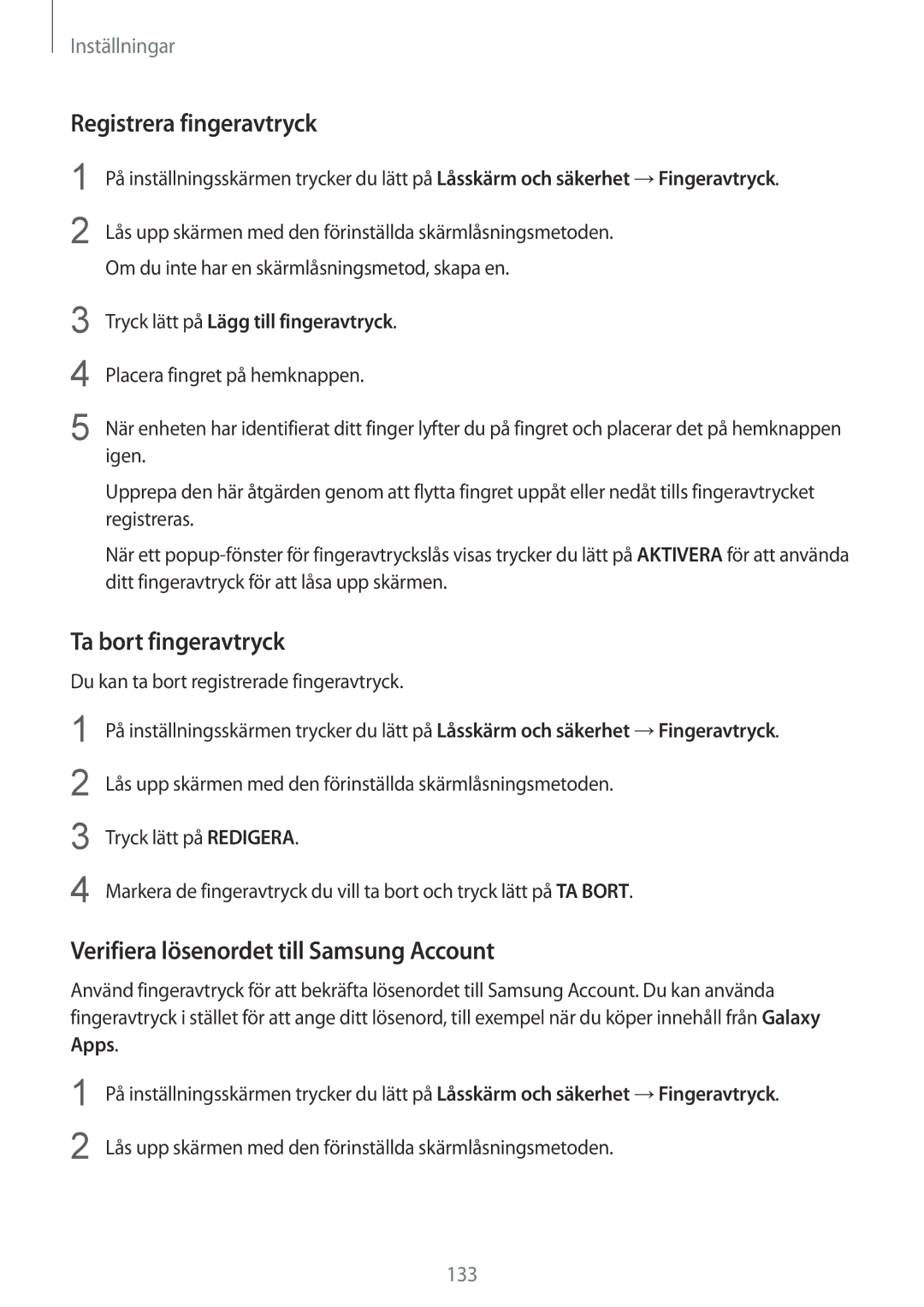 Samsung SM-G930FZKANEE manual Registrera fingeravtryck, Ta bort fingeravtryck, Verifiera lösenordet till Samsung Account 