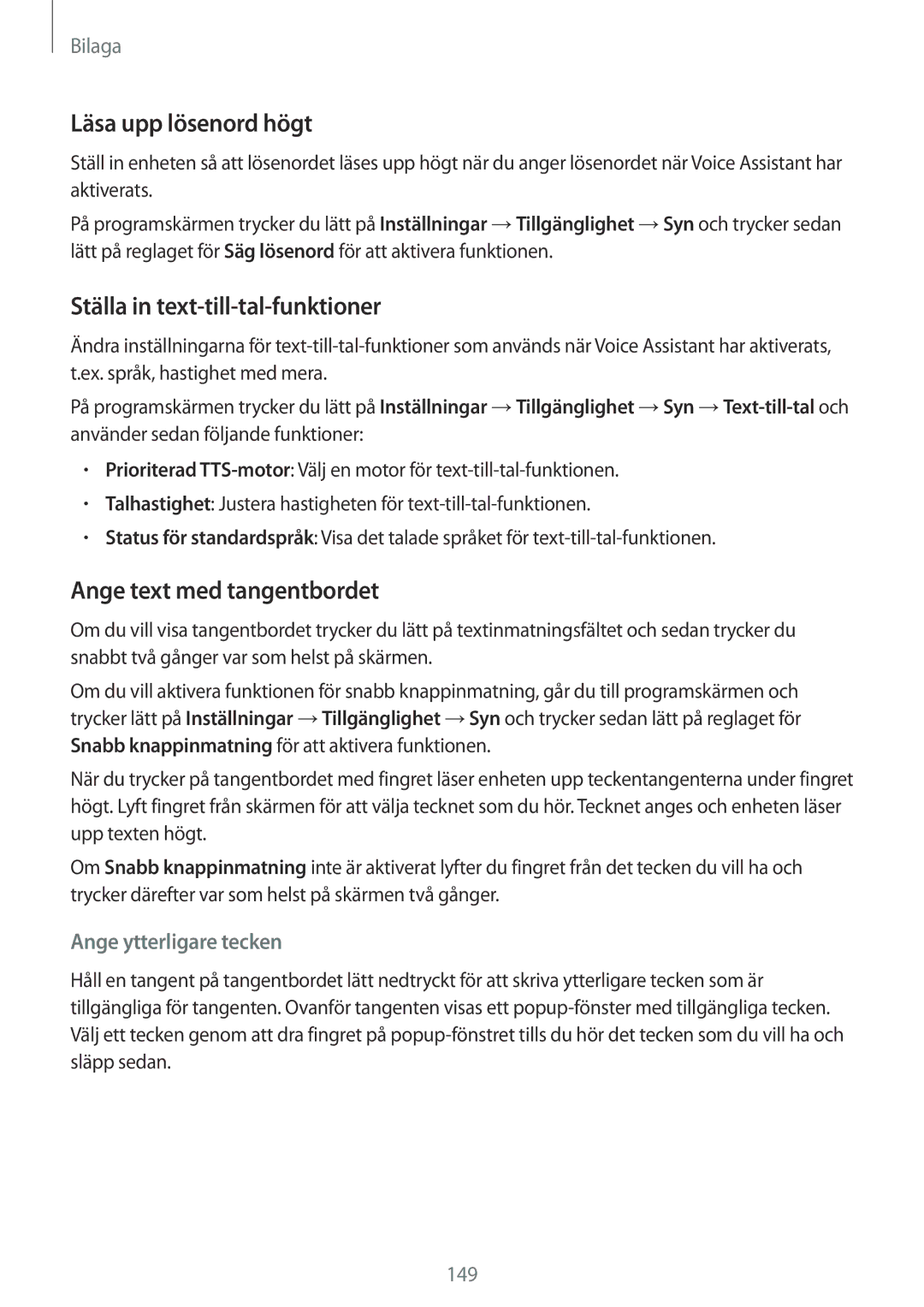 Samsung SM-G930FZDANEE manual Läsa upp lösenord högt, Ställa in text-till-tal-funktioner, Ange text med tangentbordet 