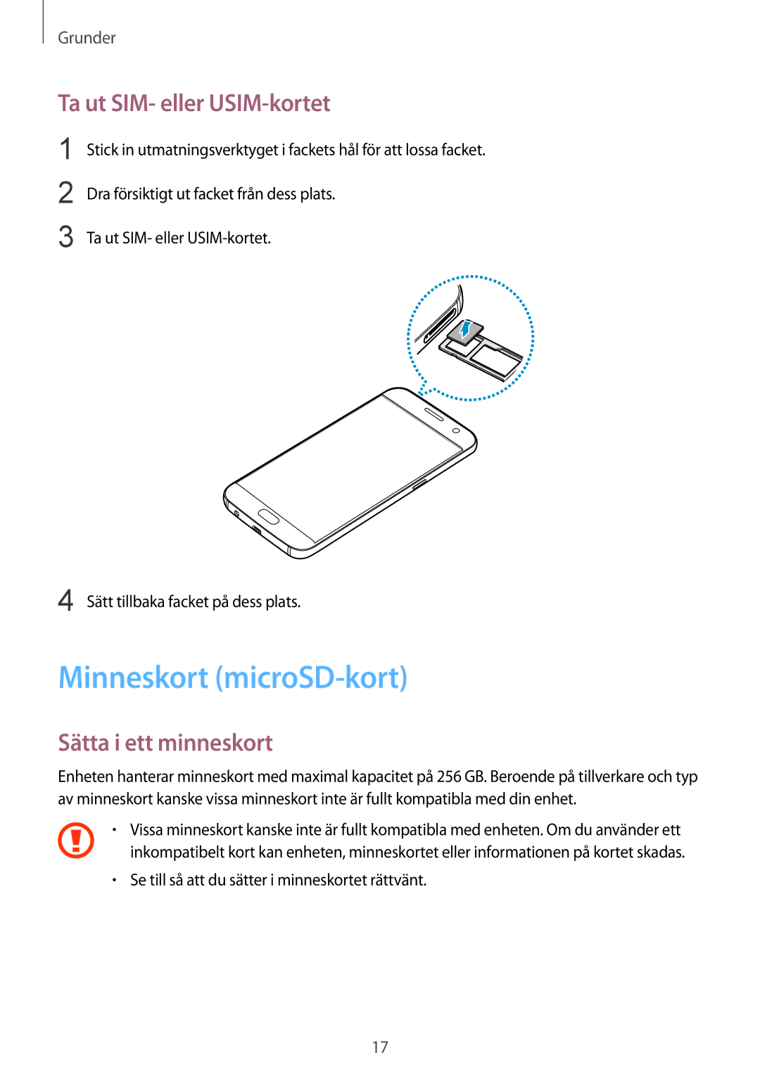 Samsung SM-G930FZSANEE, SM-G930FEDANEE manual Minneskort microSD-kort, Ta ut SIM- eller USIM-kortet, Sätta i ett minneskort 