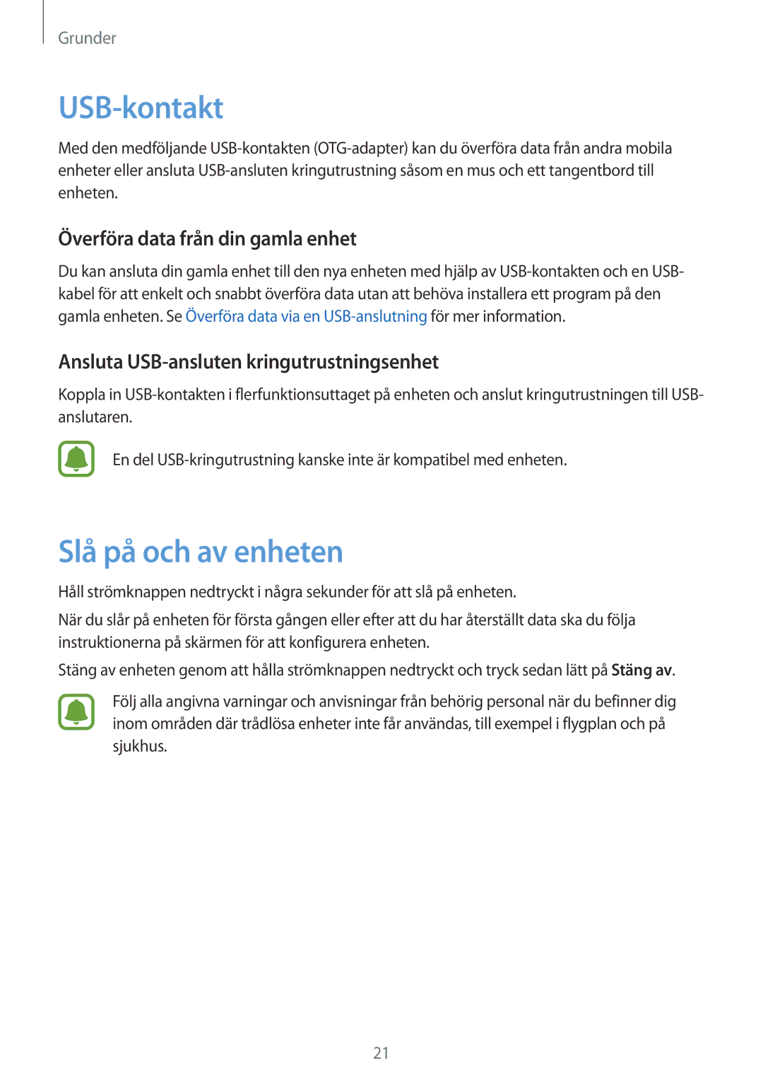 Samsung SM-G930FZWANEE, SM-G930FEDANEE manual USB-kontakt, Slå på och av enheten, Överföra data från din gamla enhet 