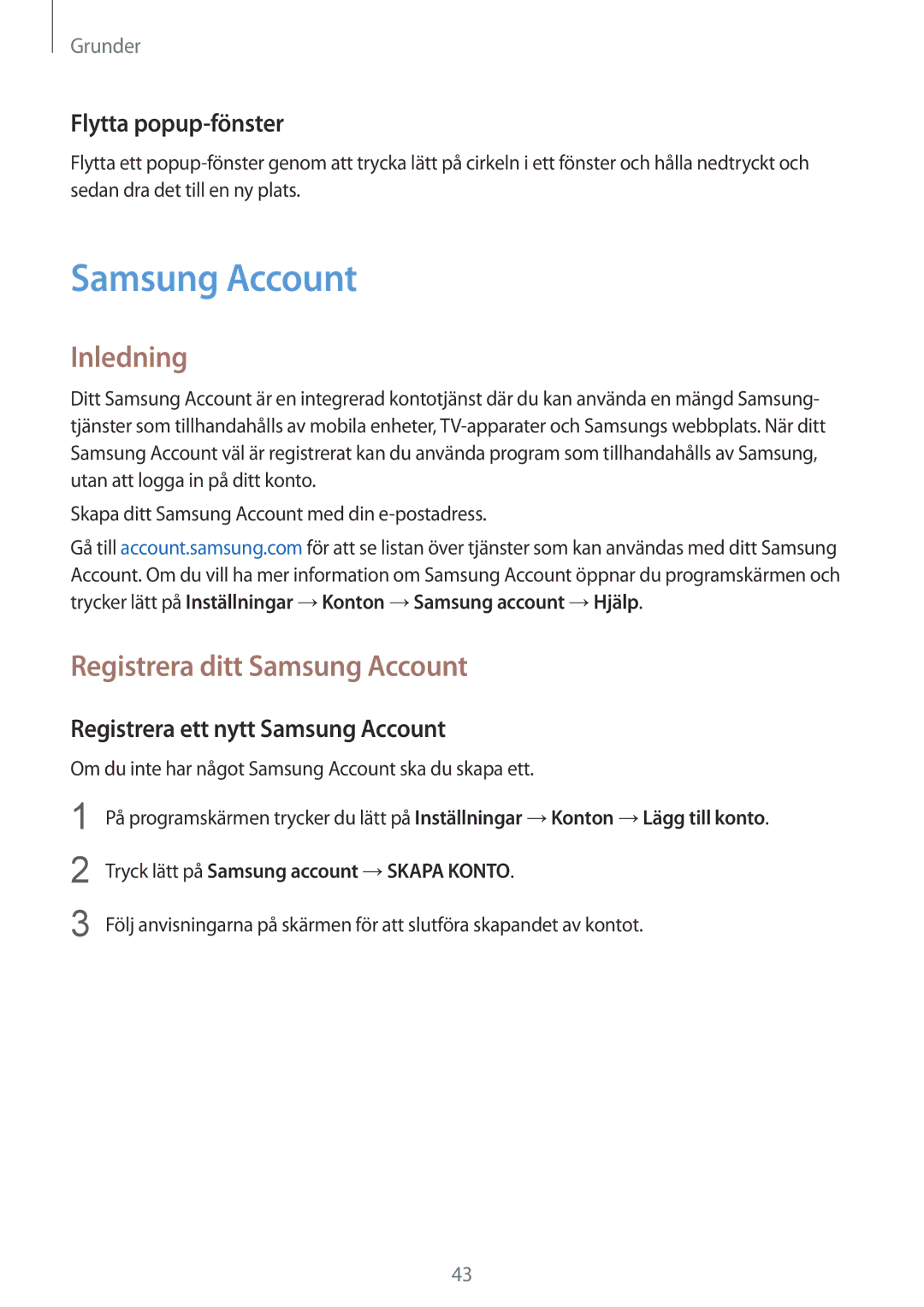 Samsung SM-G930FZKANEE Registrera ditt Samsung Account, Flytta popup-fönster, Registrera ett nytt Samsung Account 