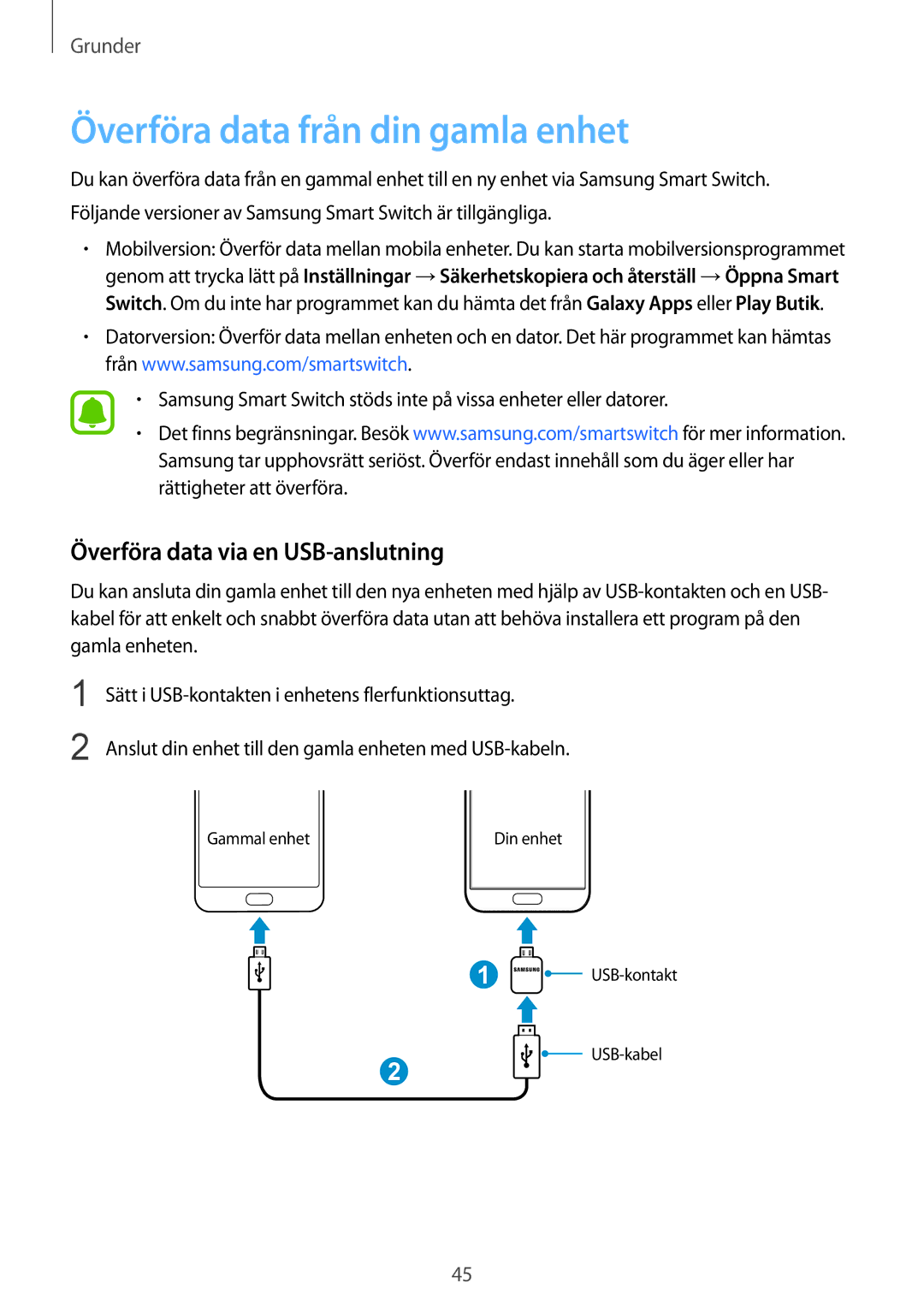 Samsung SM-G930FEDANEE, SM-G930FZWANEE manual Överföra data från din gamla enhet, Överföra data via en USB-anslutning 