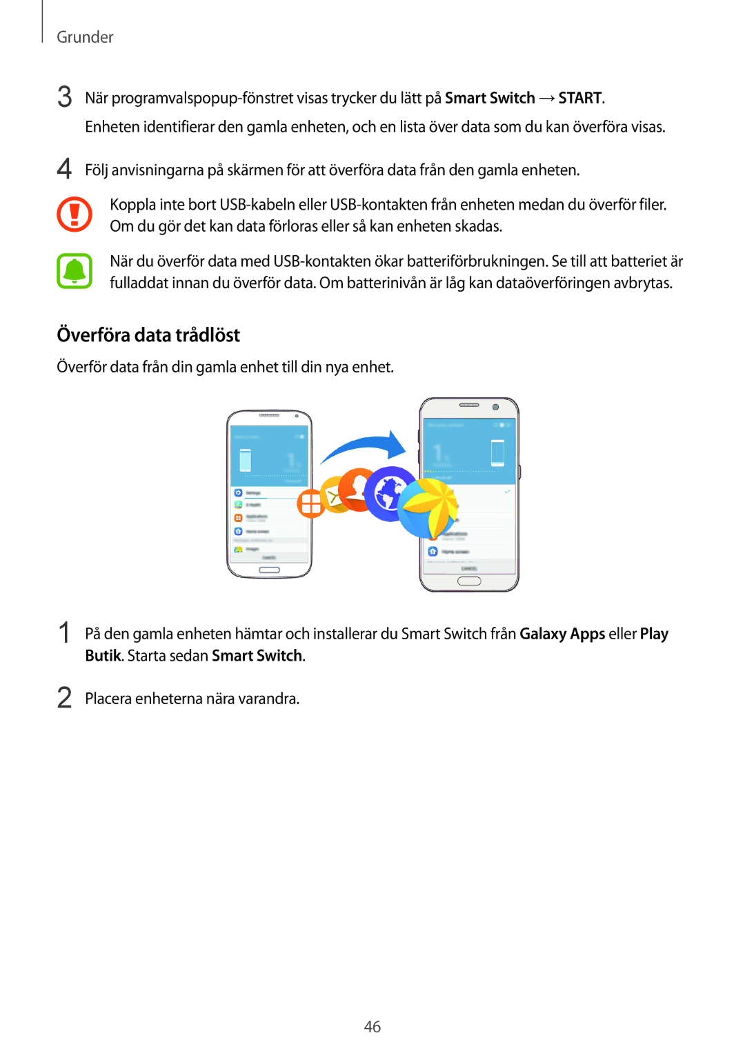 Samsung SM-G930FZWANEE, SM-G930FEDANEE manual Överföra data trådlöst, Överför data från din gamla enhet till din nya enhet 