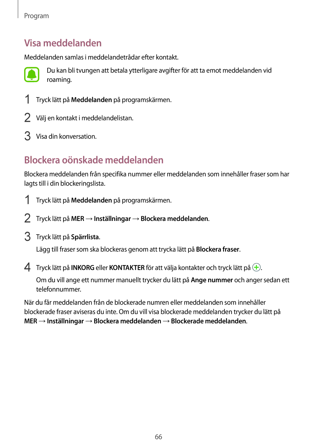 Samsung SM-G930FZWANEE, SM-G930FEDANEE, SM-G930FZSANEE, SM-G930FZKANEE manual Visa meddelanden, Blockera oönskade meddelanden 