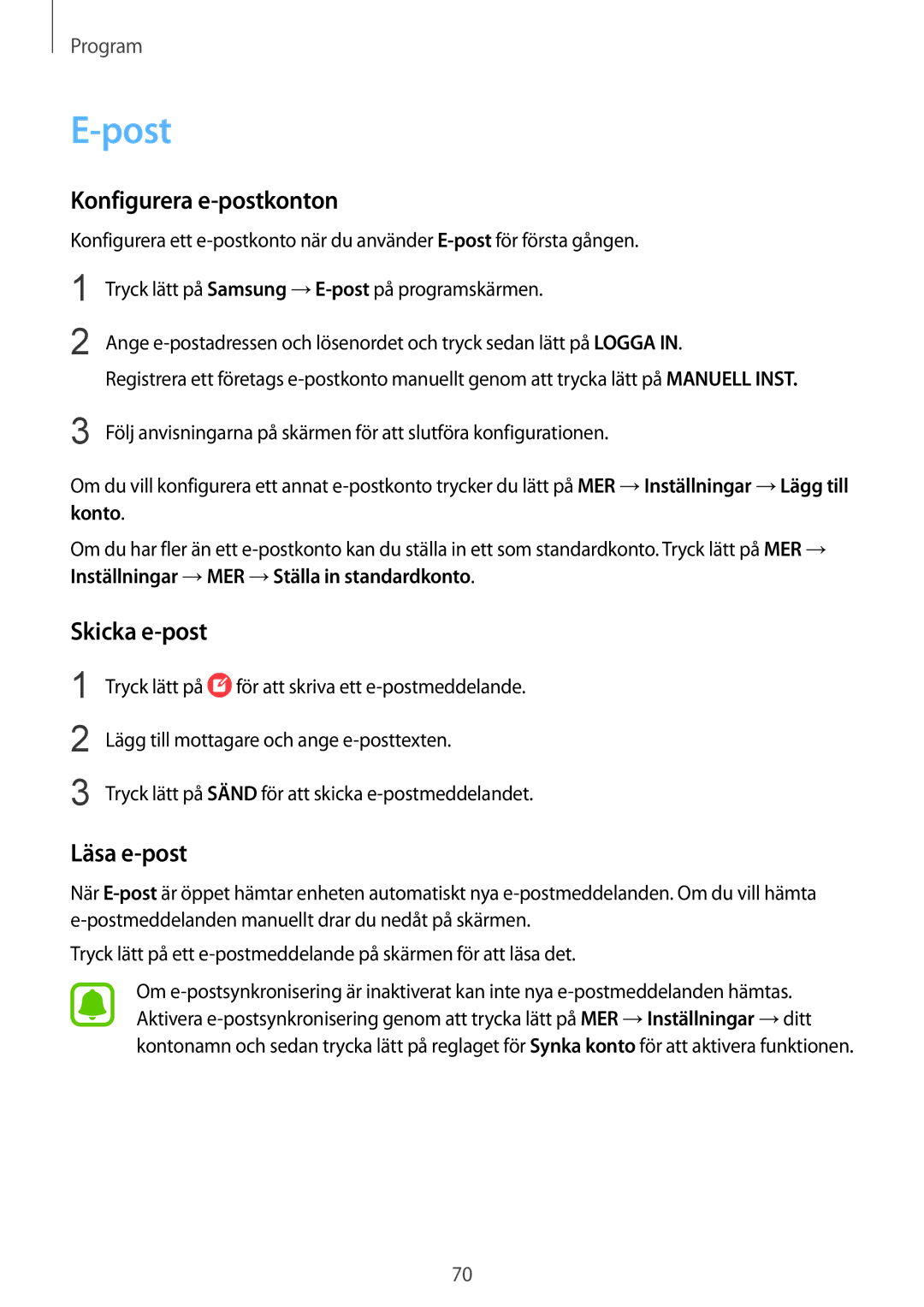 Samsung SM-G930FEDANEE, SM-G930FZWANEE, SM-G930FZSANEE manual Post, Konfigurera e-postkonton, Skicka e-post, Läsa e-post 