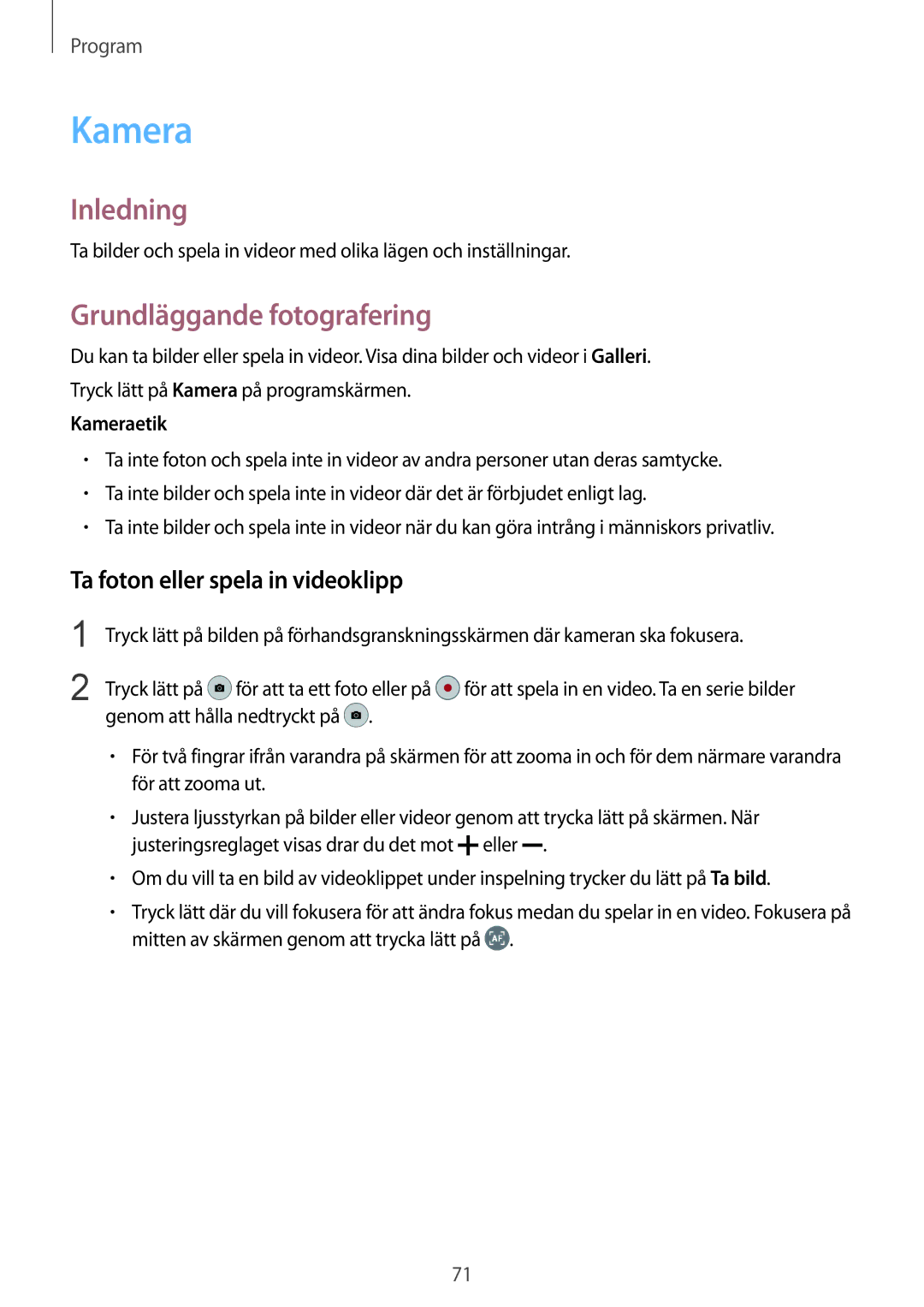 Samsung SM-G930FZWANEE, SM-G930FEDANEE manual Kamera, Grundläggande fotografering, Ta foton eller spela in videoklipp 