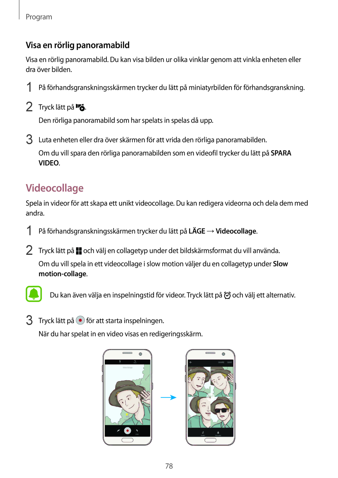 Samsung SM-G930FZKANEE, SM-G930FEDANEE, SM-G930FZWANEE, SM-G930FZSANEE manual Videocollage, Visa en rörlig panoramabild 