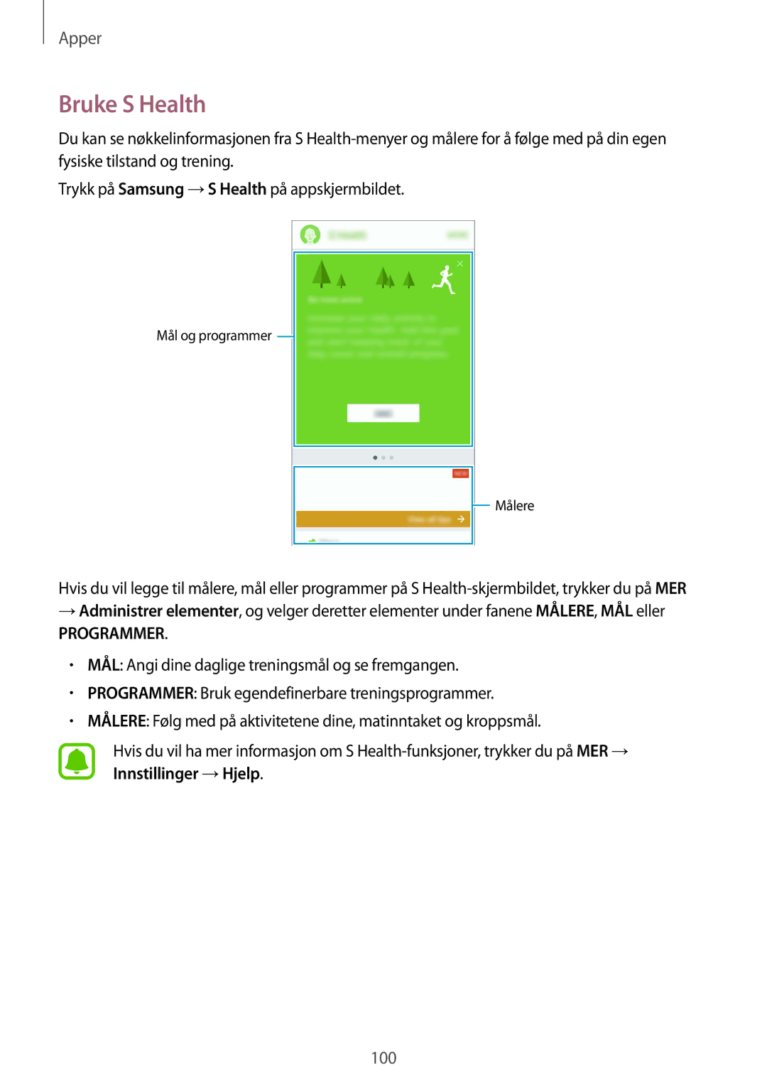 Samsung SM-G930FEDANEE, SM-G930FZWANEE, SM-G930FZSANEE, SM-G930FZKANEE, SM-G930FZDANEE manual Bruke S Health, Programmer 