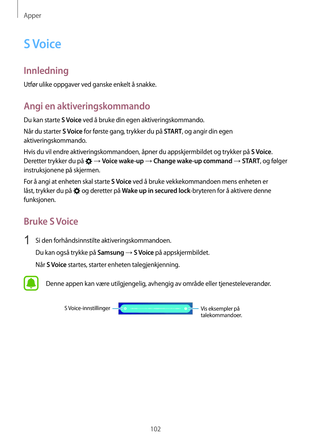 Samsung SM-G930FZSANEE, SM-G930FEDANEE, SM-G930FZWANEE, SM-G930FZKANEE manual Angi en aktiveringskommando, Bruke S Voice 