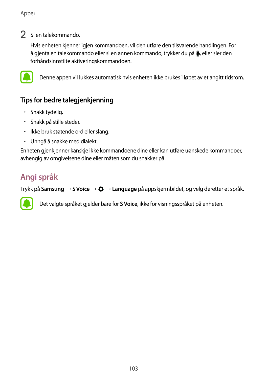 Samsung SM-G930FZKANEE, SM-G930FEDANEE, SM-G930FZWANEE, SM-G930FZSANEE manual Angi språk, Tips for bedre talegjenkjenning 