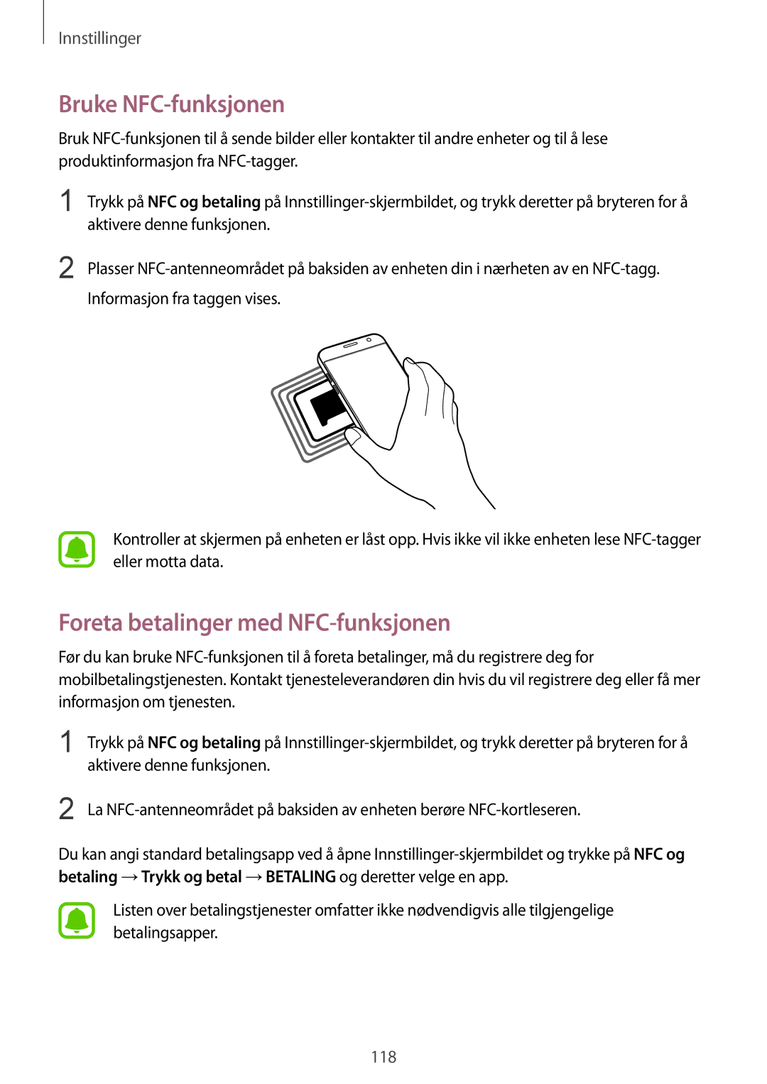 Samsung SM-G930FZKANEE, SM-G930FEDANEE, SM-G930FZWANEE manual Bruke NFC-funksjonen, Foreta betalinger med NFC-funksjonen 